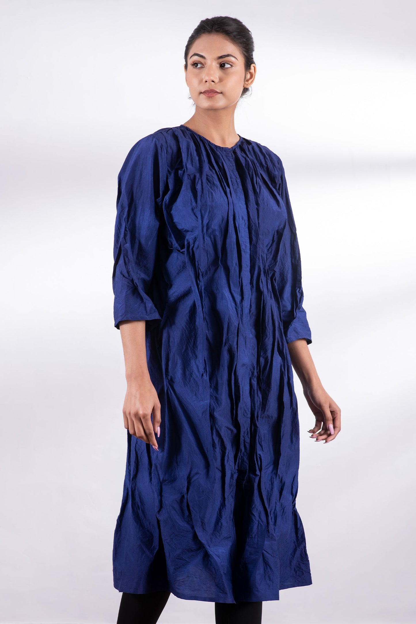 DYED COTTON SILK HEAVY VOILE WAVY TUCK CROPPED SLV. DRESS - dh1434-blu -