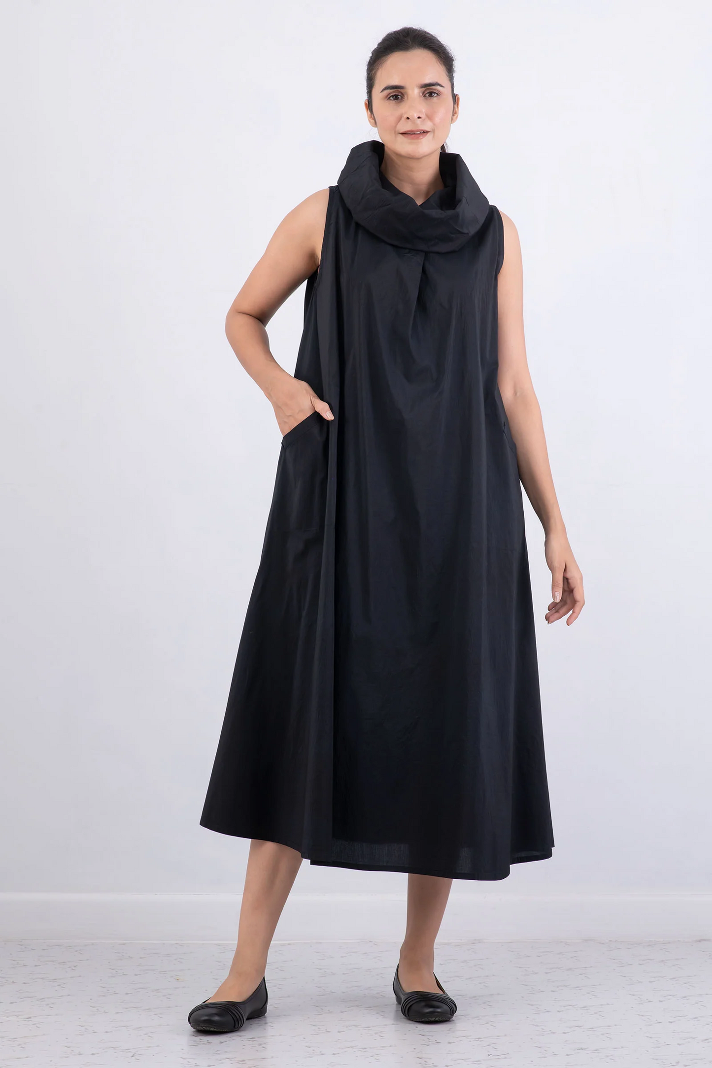 DYED COTTON SILK HEAVY VOILE WAVY COWL NECK MAXI DRESS - dh1438-blk -