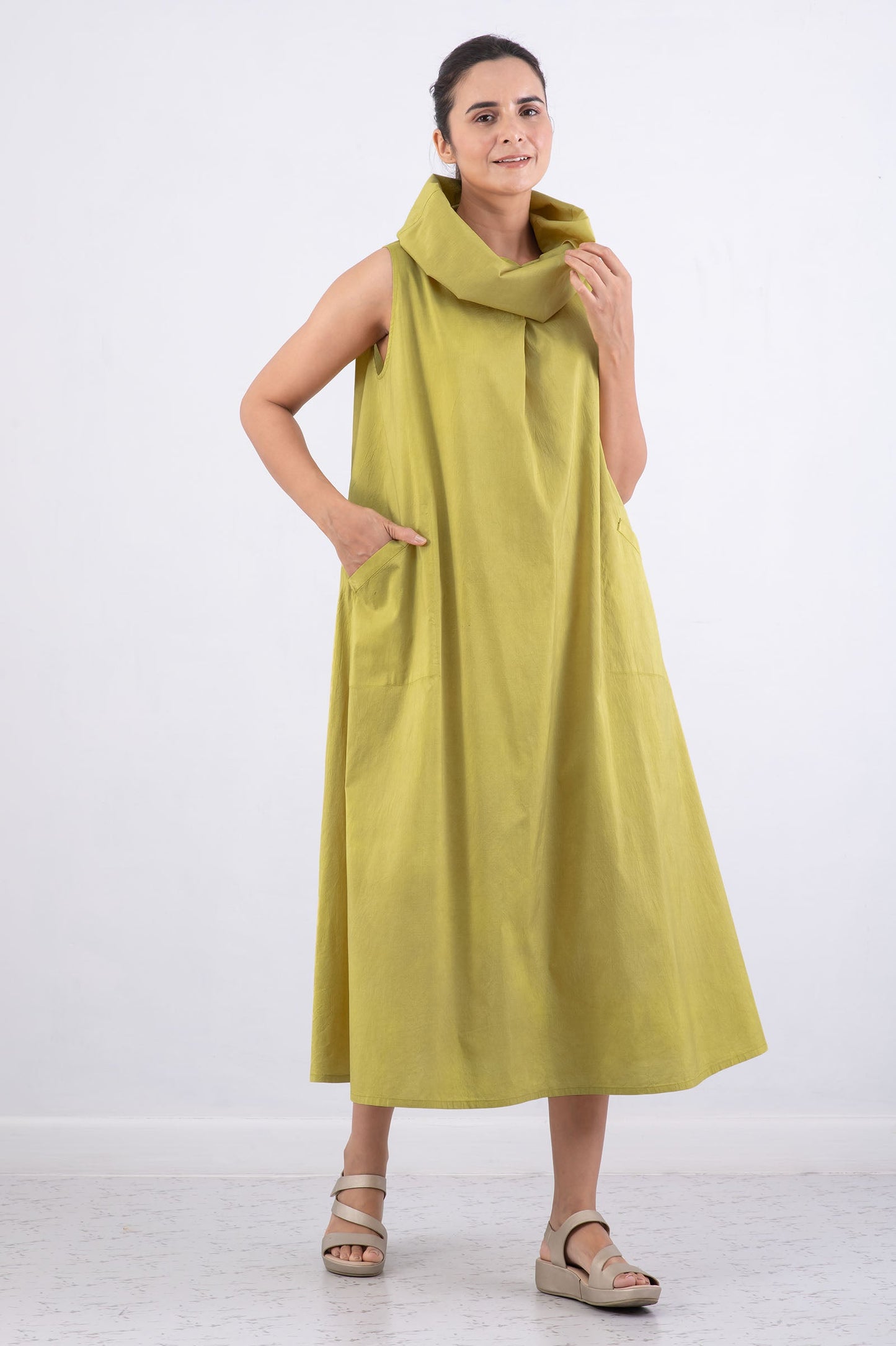 DYED COTTON SILK HEAVY VOILE WAVY COWL NECK MAXI DRESS - dh1438-cha -