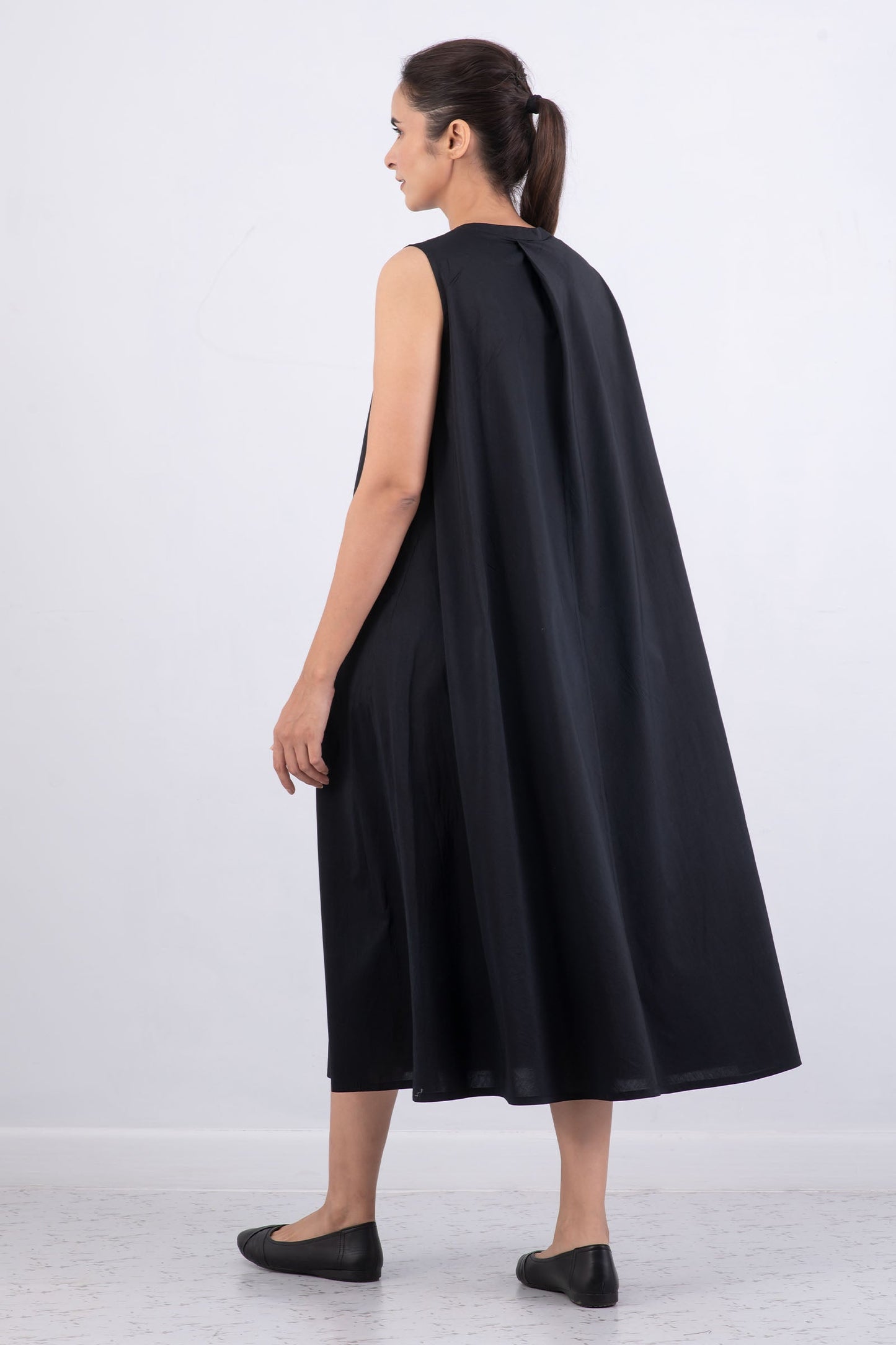 DYED COTTON SILK HEAVY VOILE WAVY BAND COLLAR MAXI DRESS - dh1439-blk -