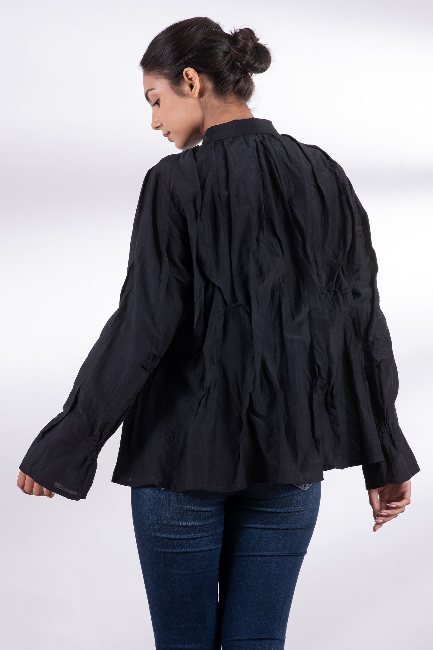 DYED COTTON SILK HEAVY VOILE WAVY TUCKED MEN'S SHIRT - dh1551-blk -