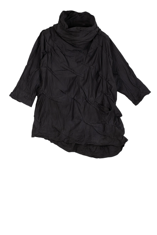 DYED COTTON SILK HEAVY VOILE WAVY TUCK PULLOVER - dh1552-blk -