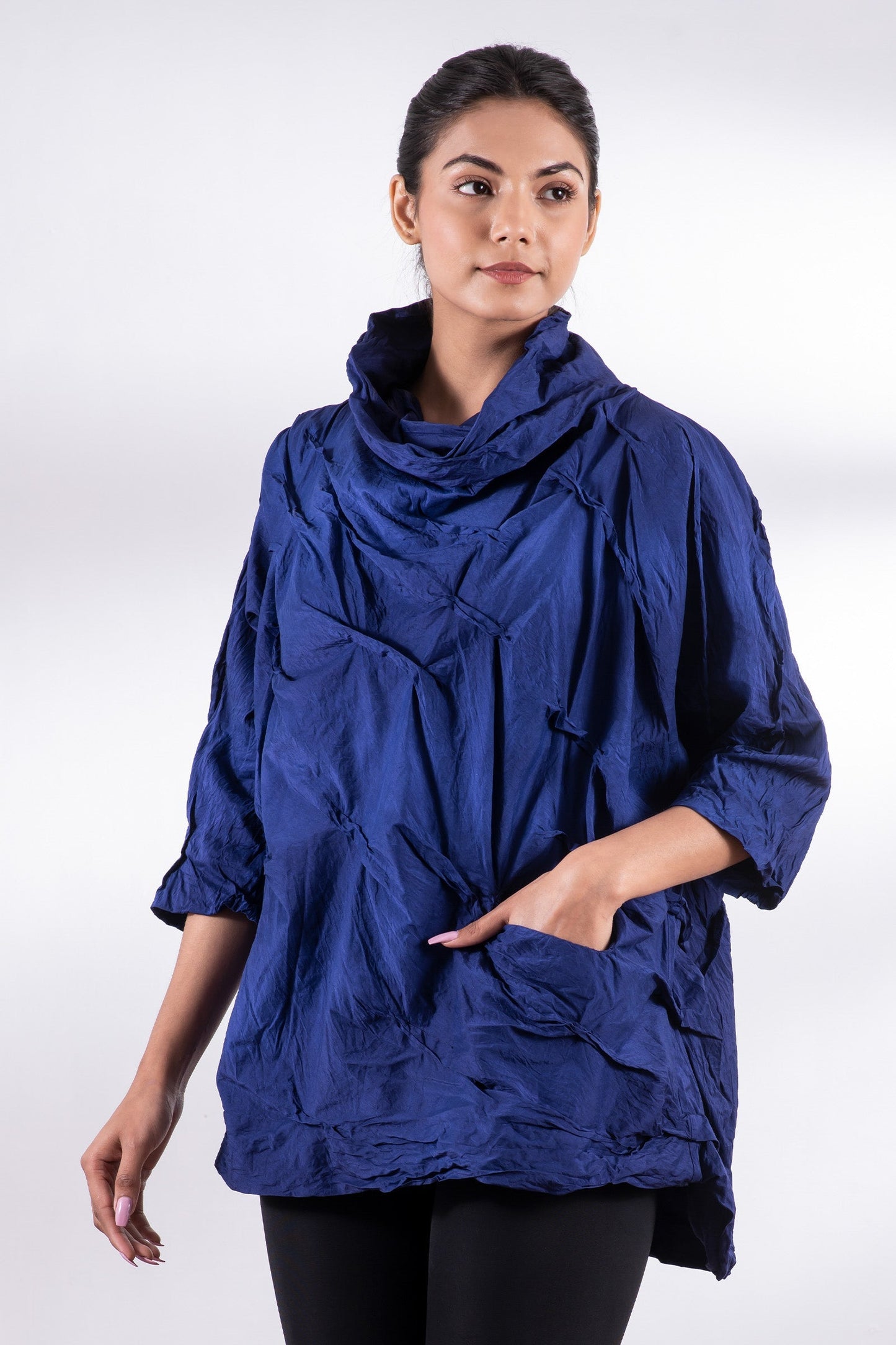 DYED COTTON SILK HEAVY VOILE WAVY TUCK PULLOVER - dh1552-blu -