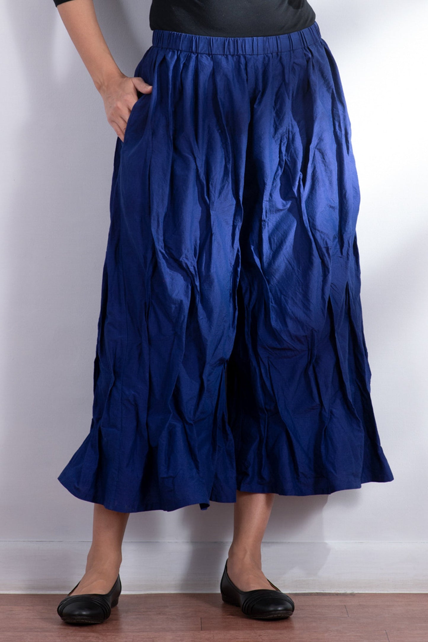 DYED COTTON SILK HEAVY VOILE WAVY TUCKED PANTS - dh1635-blu -