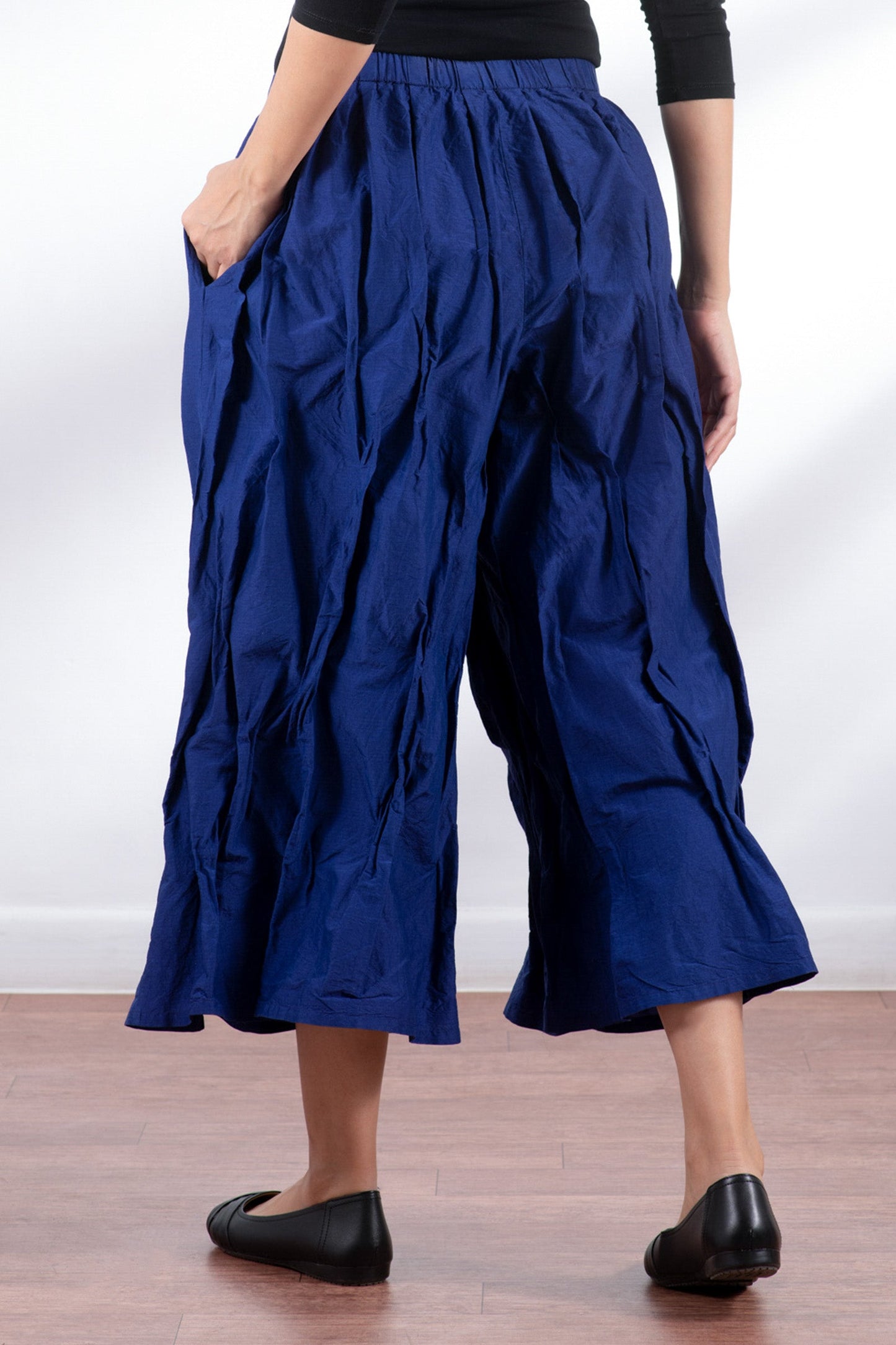 DYED COTTON SILK HEAVY VOILE WAVY TUCKED PANTS - dh1635-blu -