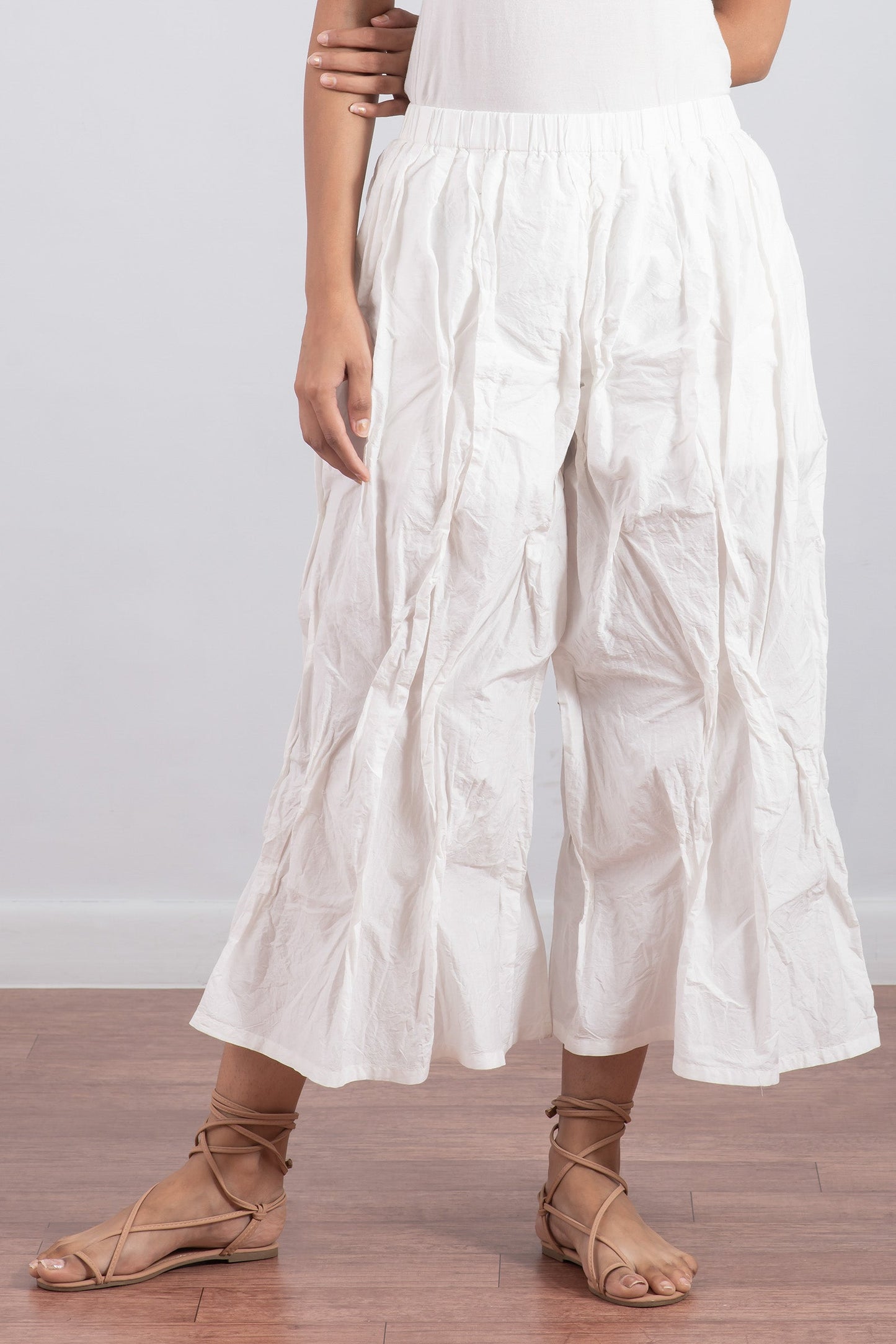 DYED COTTON SILK HEAVY VOILE WAVY TUCKED PANTS - dh1635-wht -