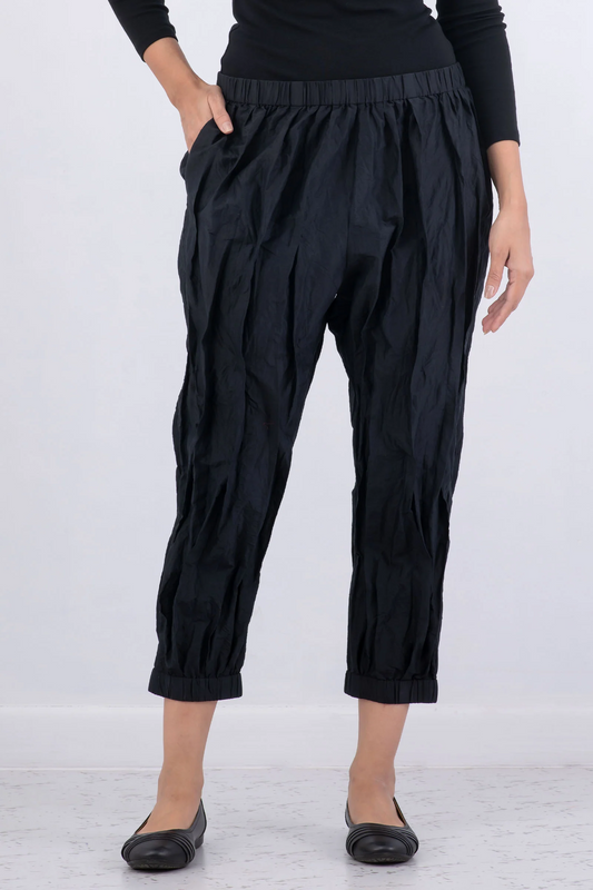 DYED COTTON SILK HEAVY VOILE WAVY TUCK TAPERD PANTS - dh1639-blk -