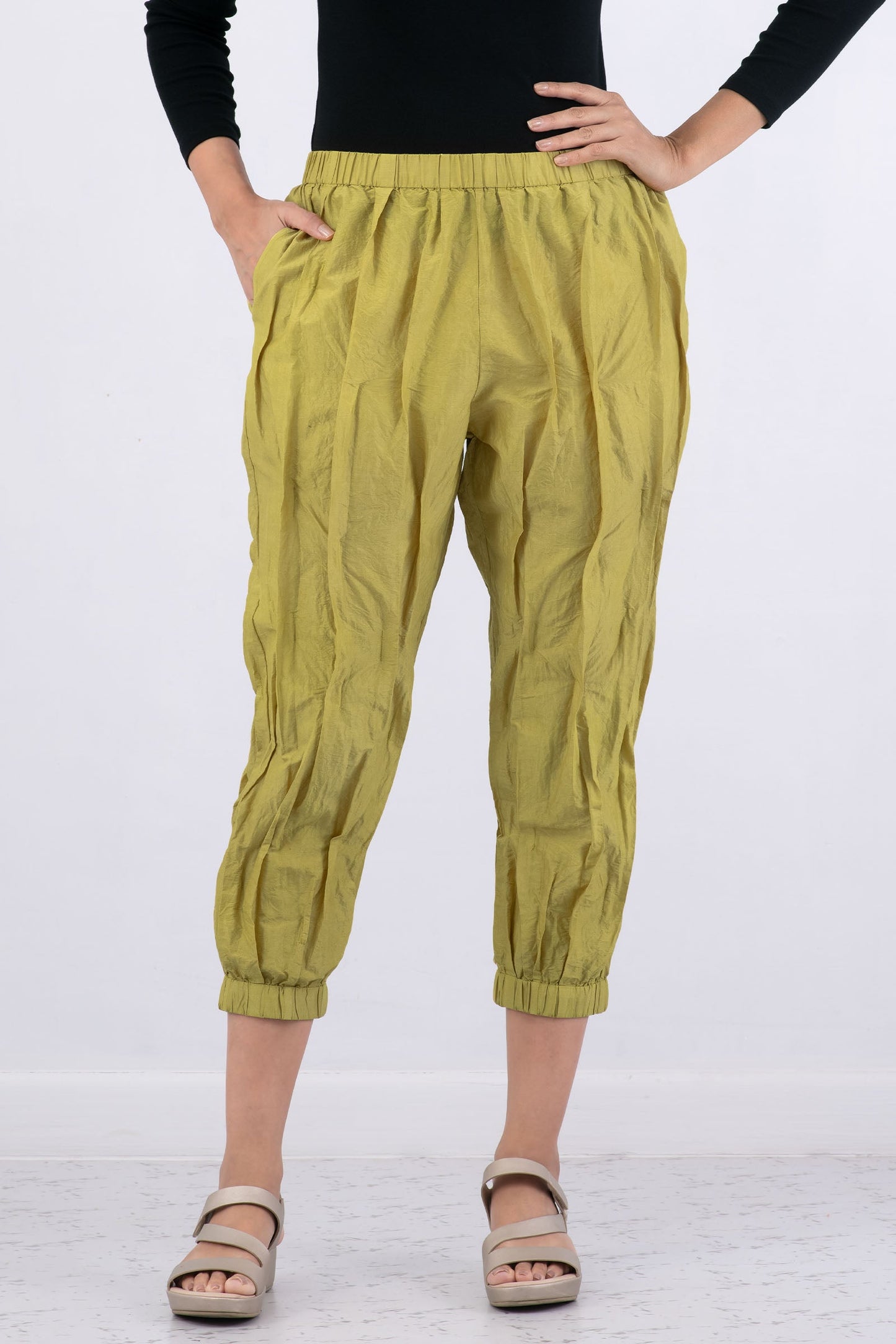 DYED COTTON SILK HEAVY VOILE WAVY TUCK TAPERD PANTS - dh1639-cha -