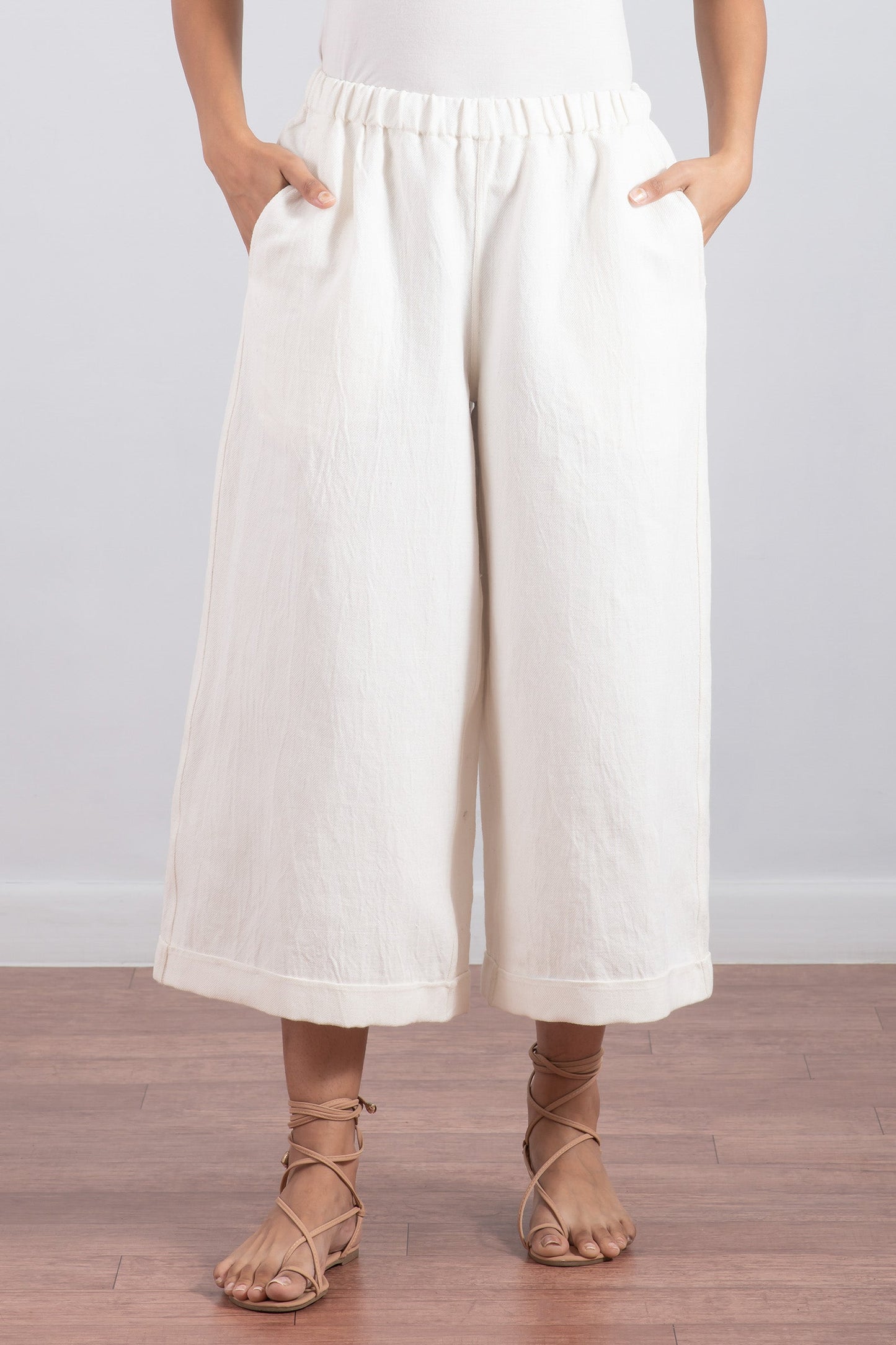 DYED COTTON LINEN TWILL DOUBLE CUFF WIDE LEG PANTS - tl1636-wht -