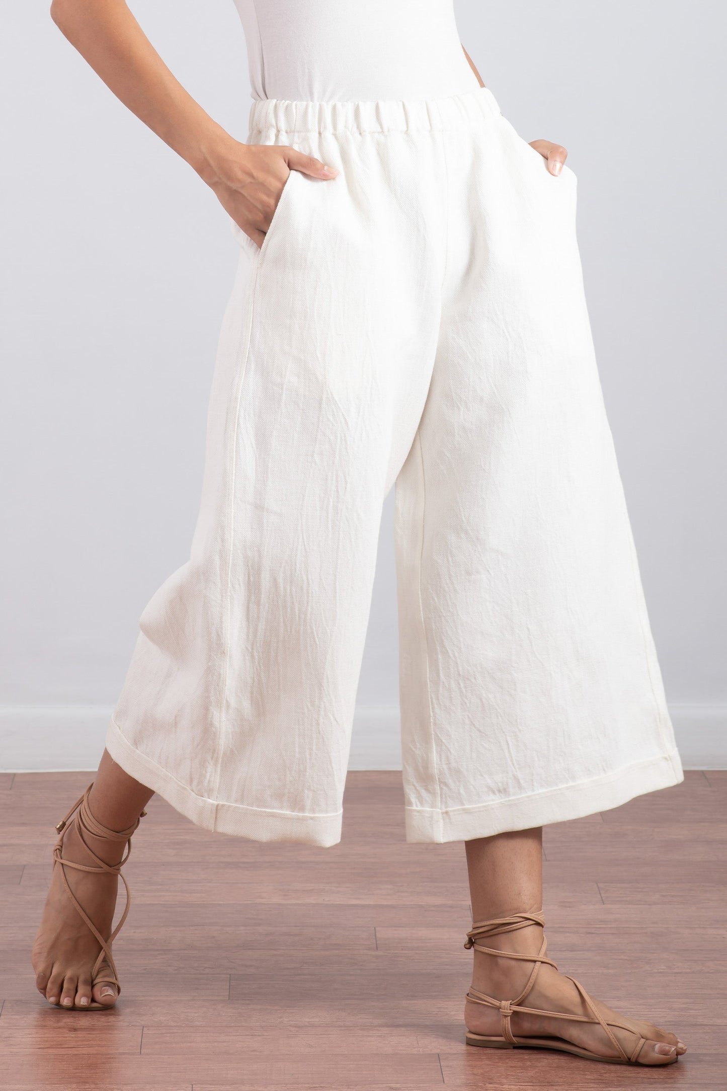 DYED COTTON LINEN TWILL DOUBLE CUFF WIDE LEG PANTS - tl1636-wht -