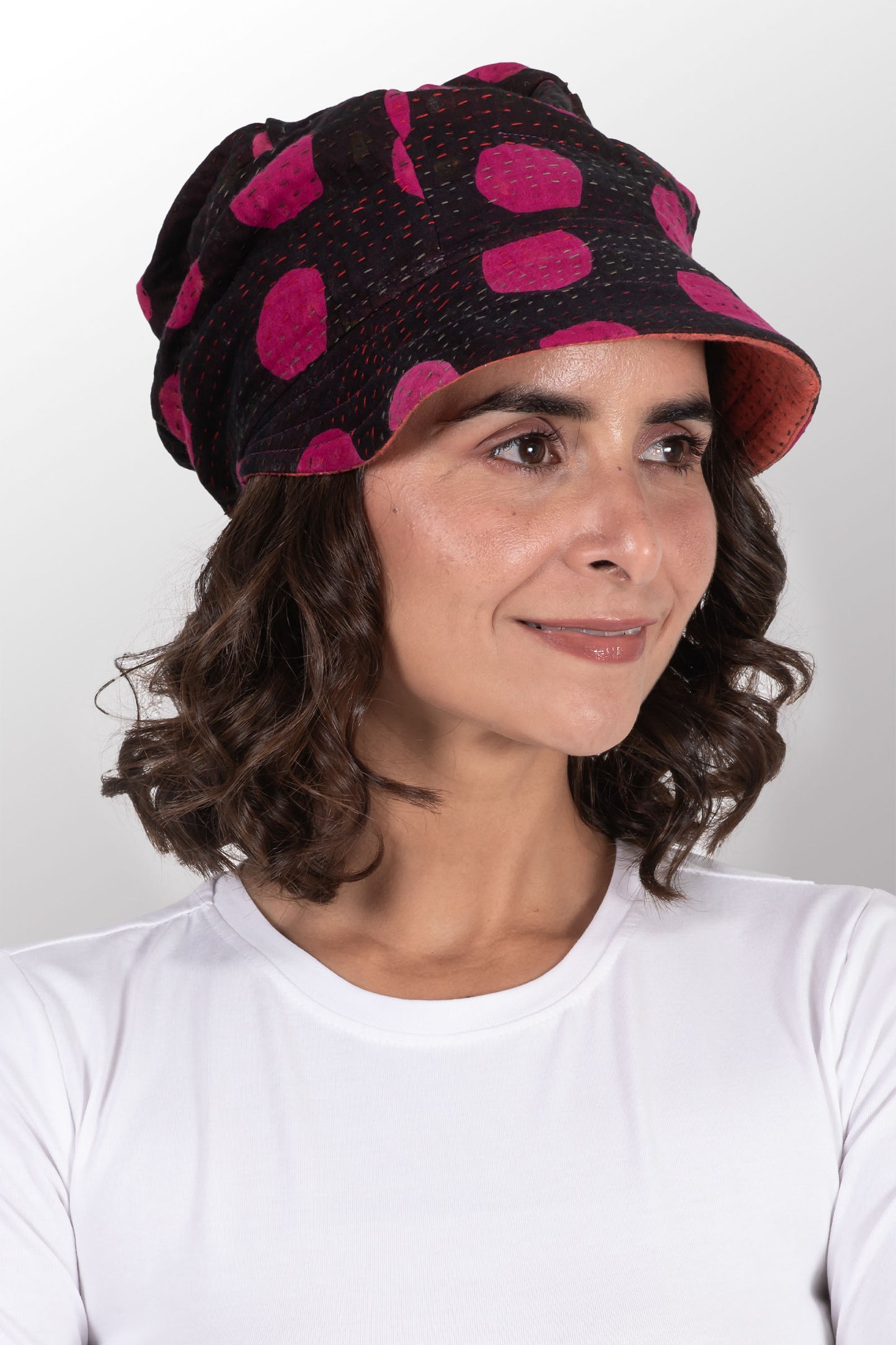 POLKA DOTS & LEAVES KANTHA HALF BRIM HAT - dl4881-pik -