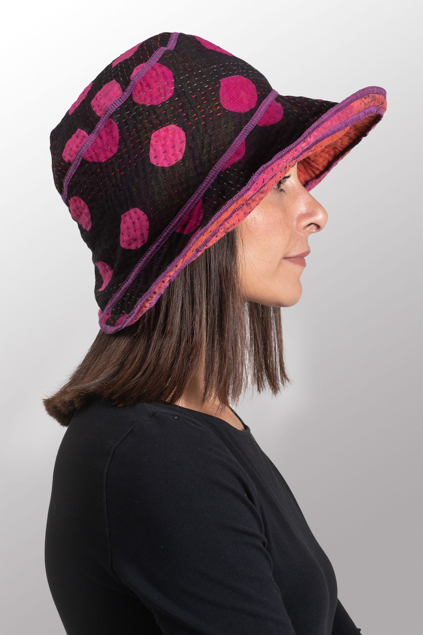 POLKA DOTS & LEAVES KANTHA CIRCULAR CUT BRIM HAT - dl4882-pik -