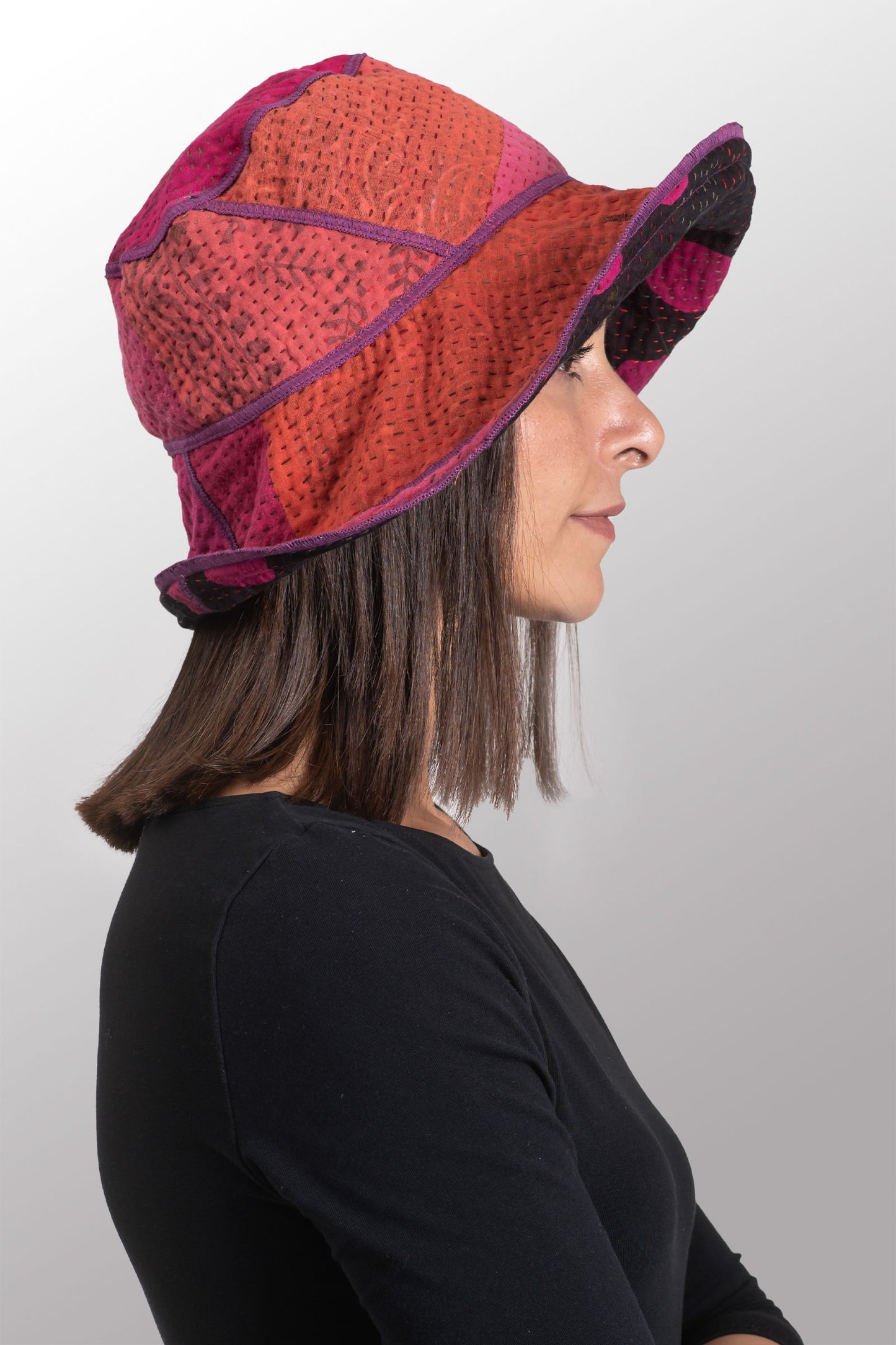 POLKA DOTS & LEAVES KANTHA CIRCULAR CUT BRIM HAT - dl4882-pik -