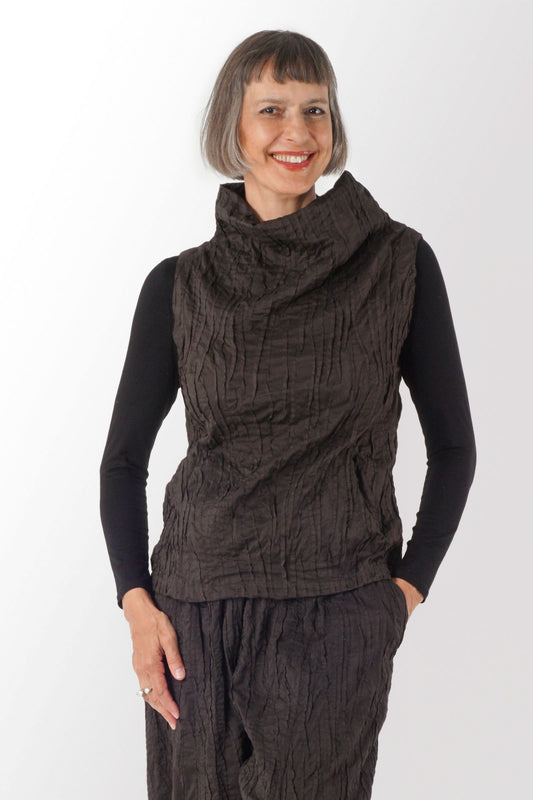 DYED COTTON SILK HEAVY VOILE RANDOM TUCK HIGH-NECK VEST - dr1244-brn -