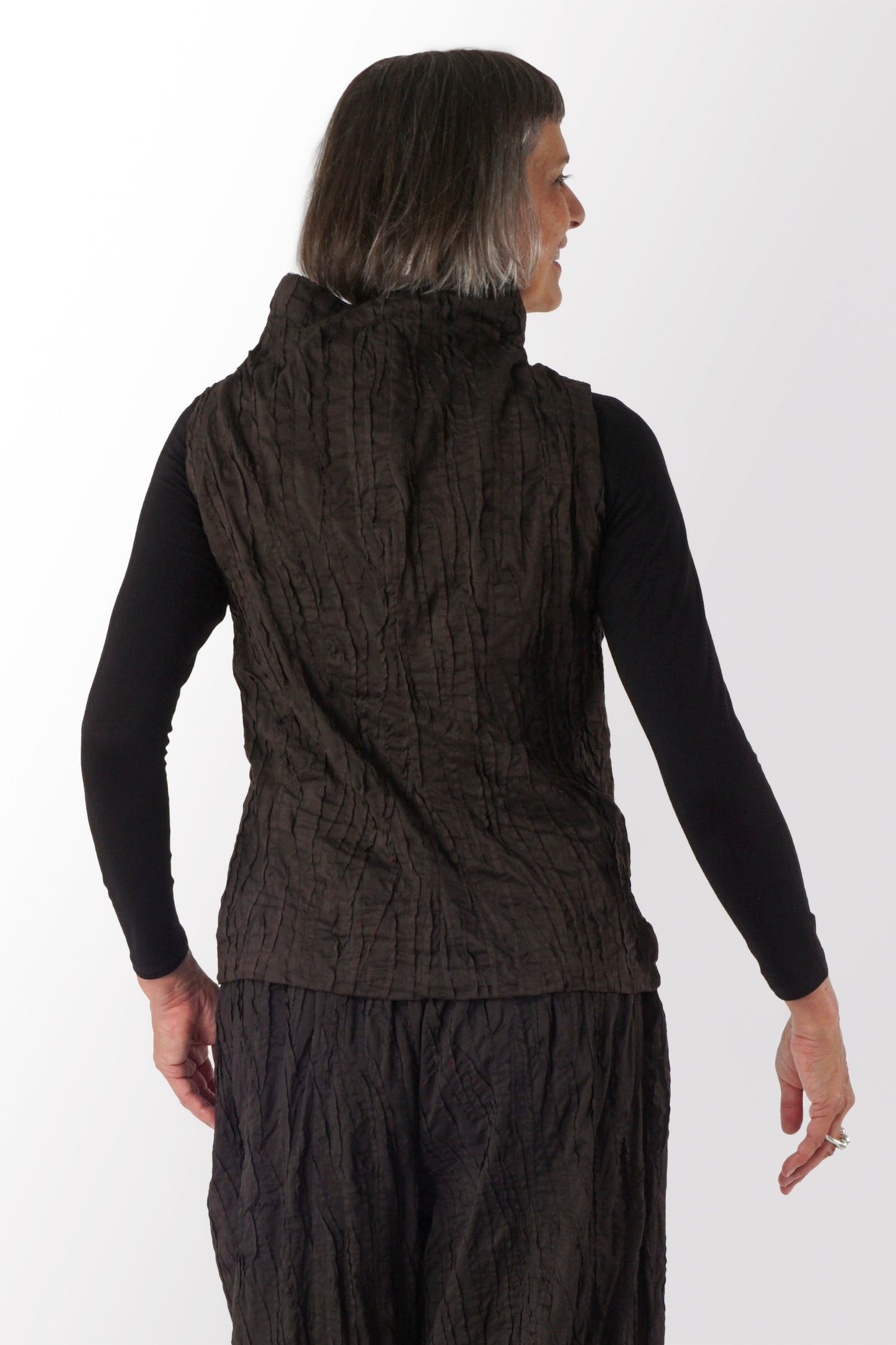 DYED COTTON SILK HEAVY VOILE RANDOM TUCK HIGH-NECK VEST - dr1244-brn -