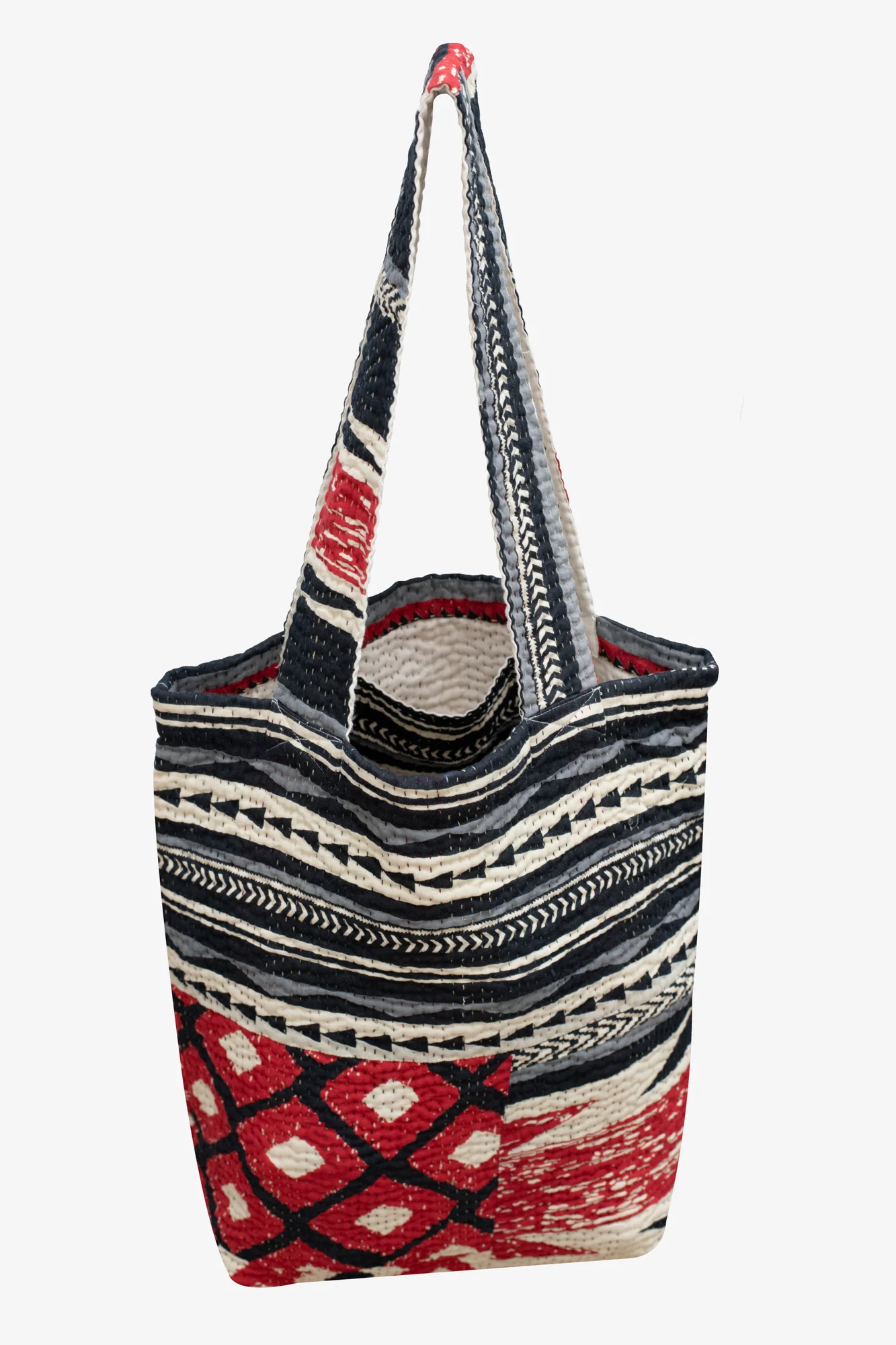 Monotone Ikat Handmade Vintage Kantha Tote Bag -Monotone Black-