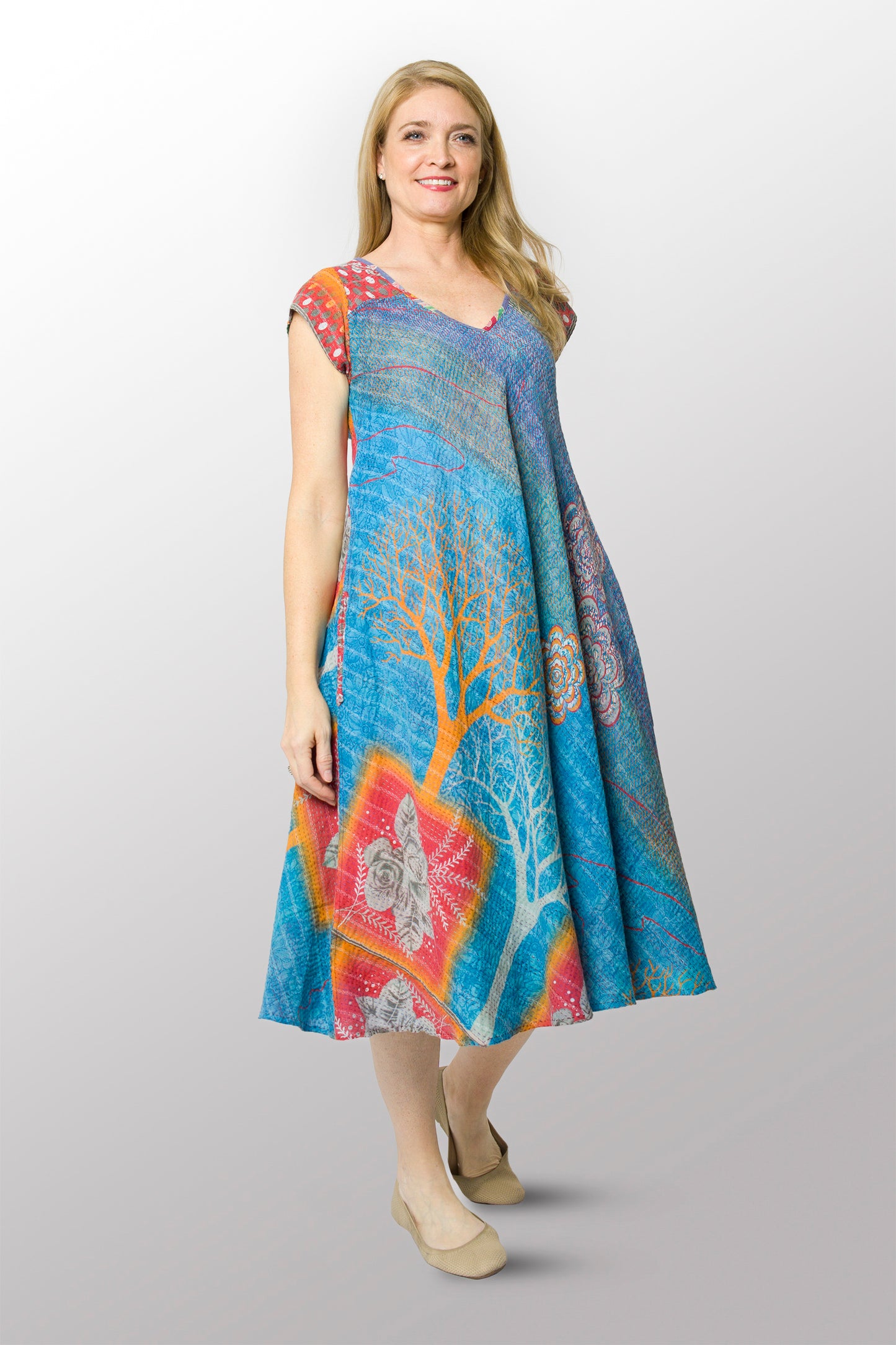 VINTAGE COTTON KANTHA CAP SLV. FLARE DRESS - cv2425-0017m -