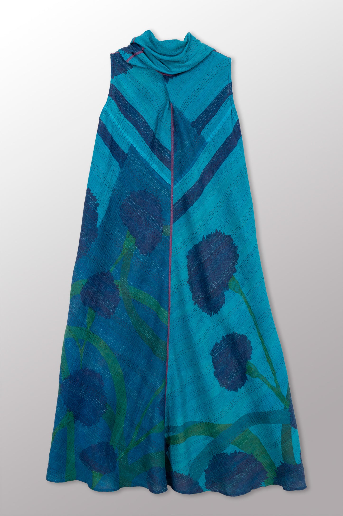 MARIGOLD PRINT WITH OVERDYE KANTHA COWL NECK MAXI DRESS - ov-mg2438-tuq -