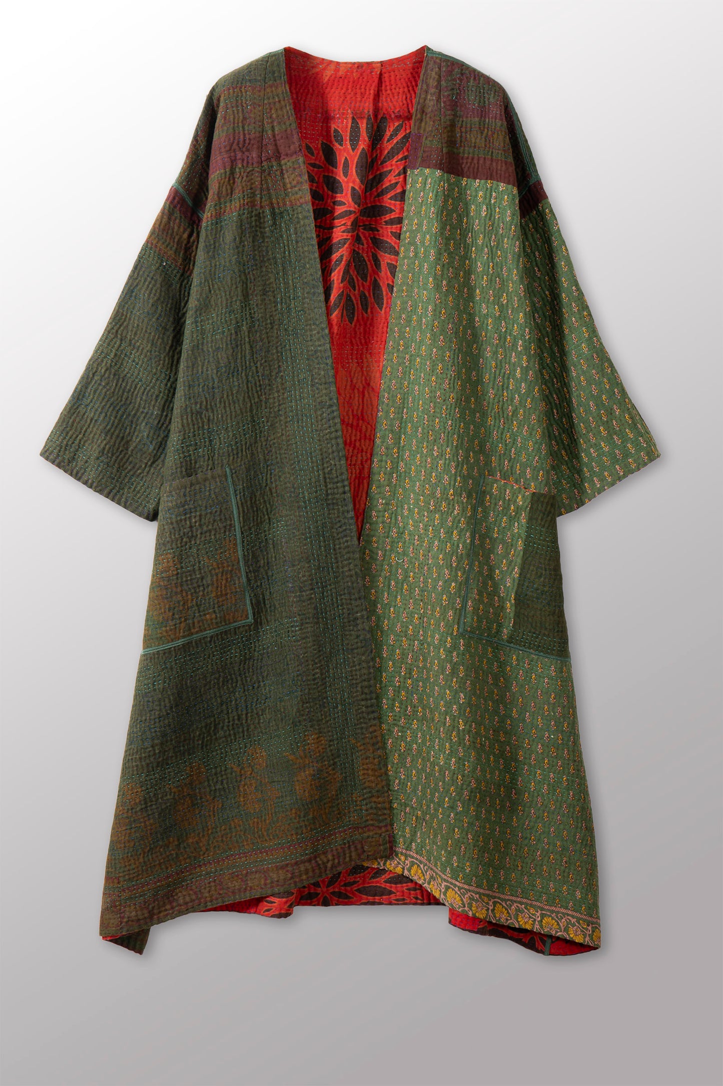 COTTON OVERDYE KANTHA LONG DUSTER - ov4328-cgrn003a -