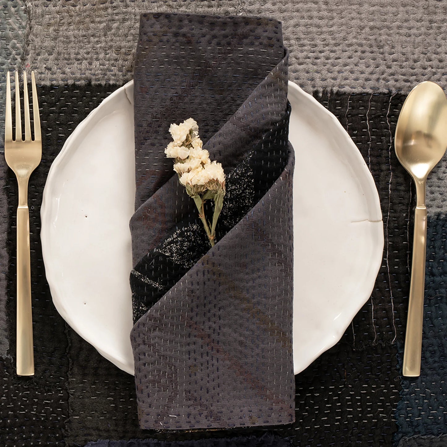 Landscape Fray patch vintage Kantha Napkin - Black (Set of 2)