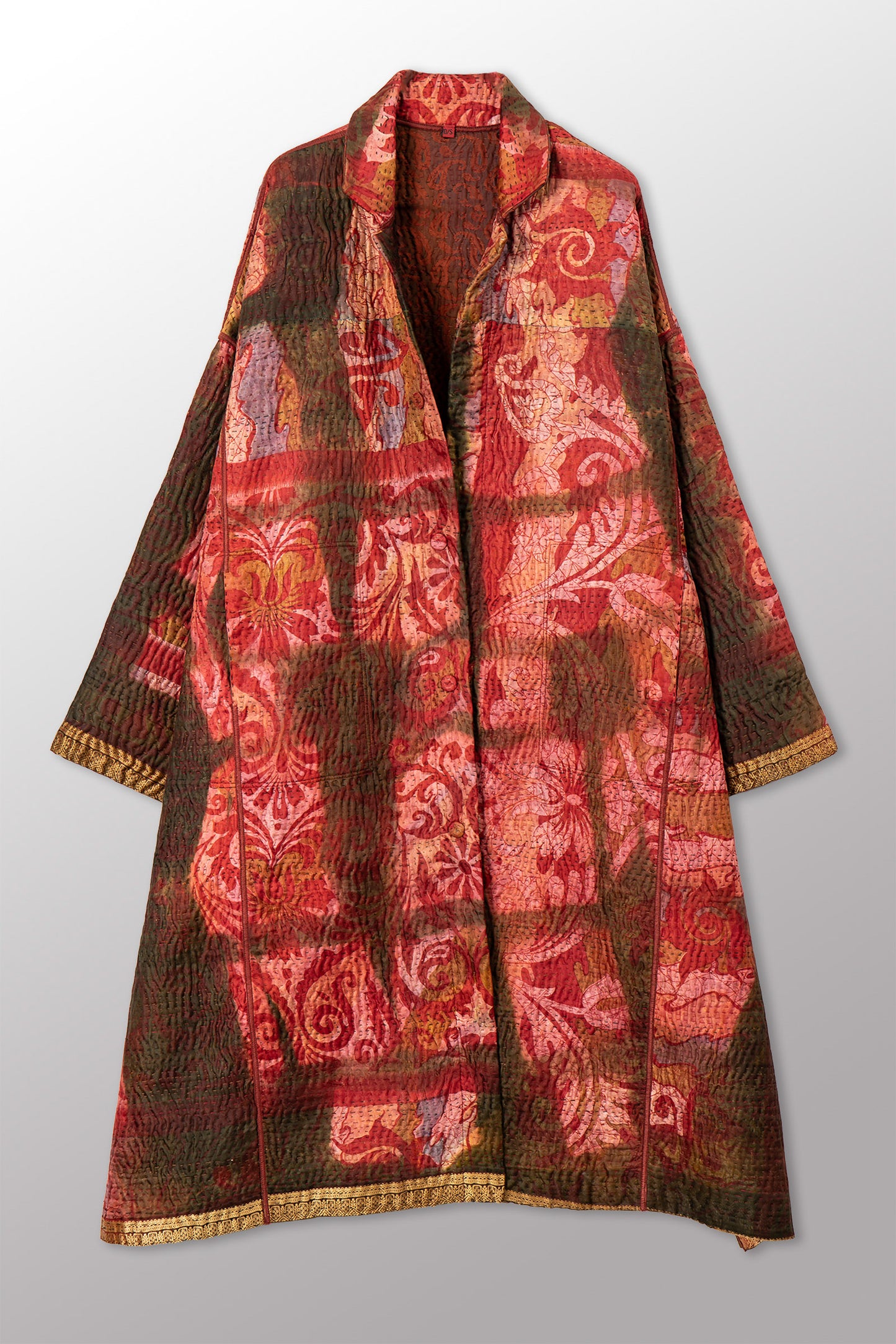 VINTAGE PRINTED SILK CLAMP DYE WITH JACQUARD KANTHA NEW OVERSIZED COAT - sk4342-0004a -