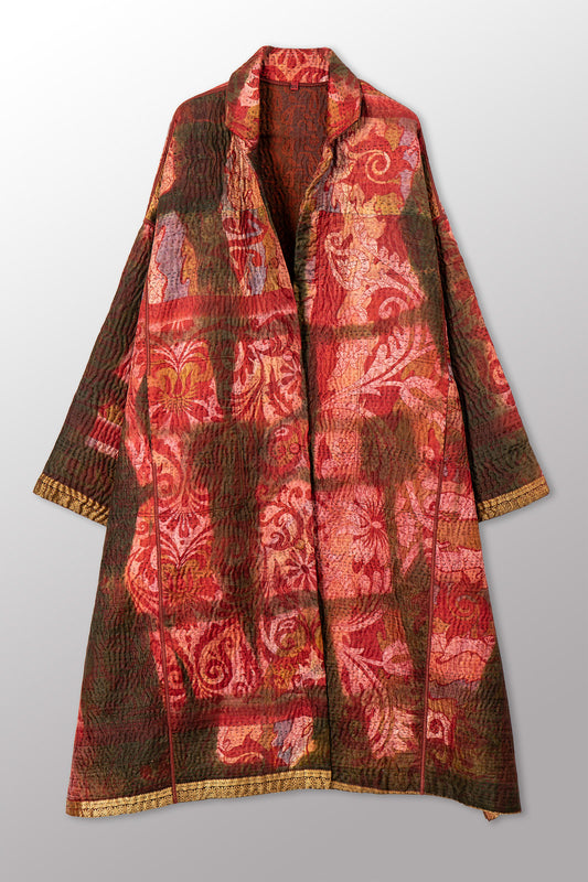 VINTAGE PRINTED SILK CLAMP DYE WITH JACQUARD KANTHA NEW OVERSIZED COAT - sk4342-0004a -