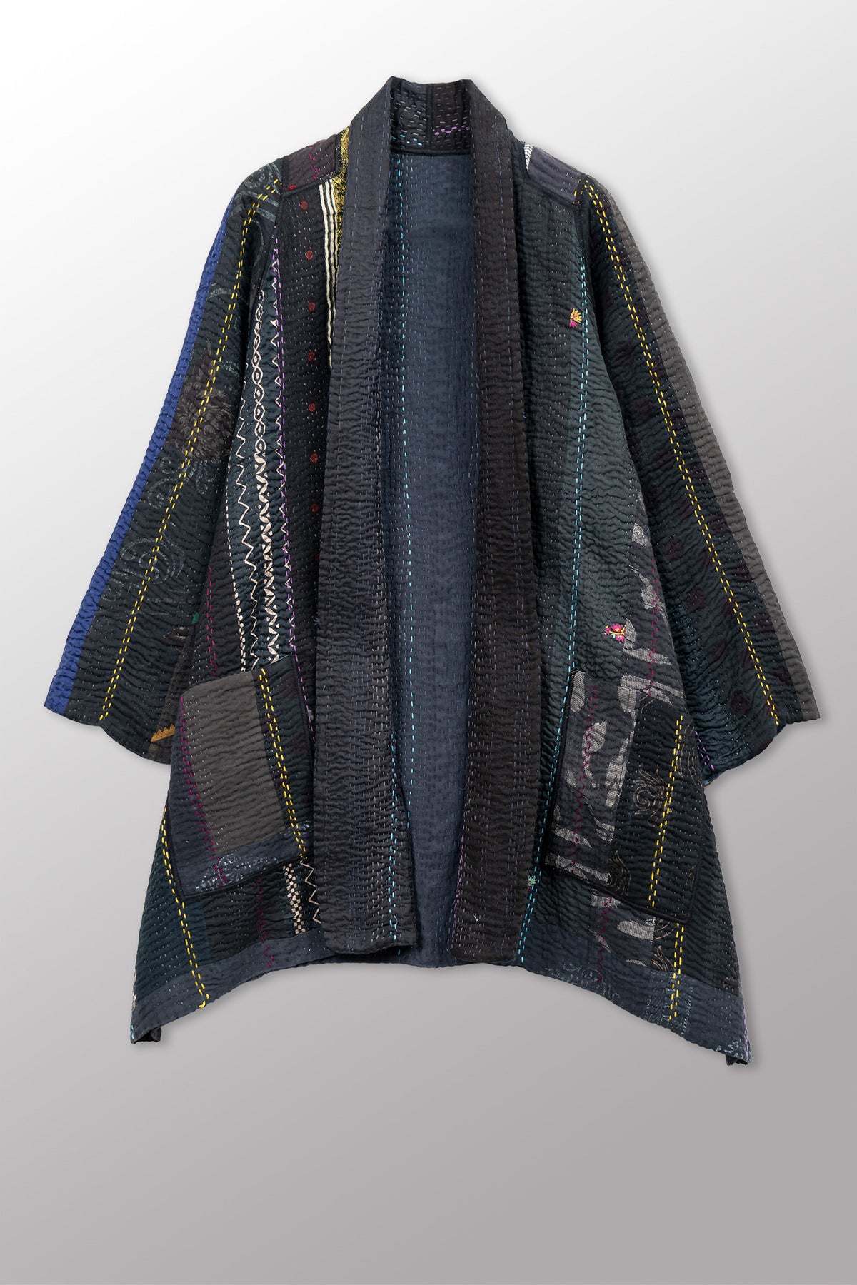 JEWEL WOVEN WITH VERTICAL PATCH KANTHA A-LINE JACKET - jv4003-blk -