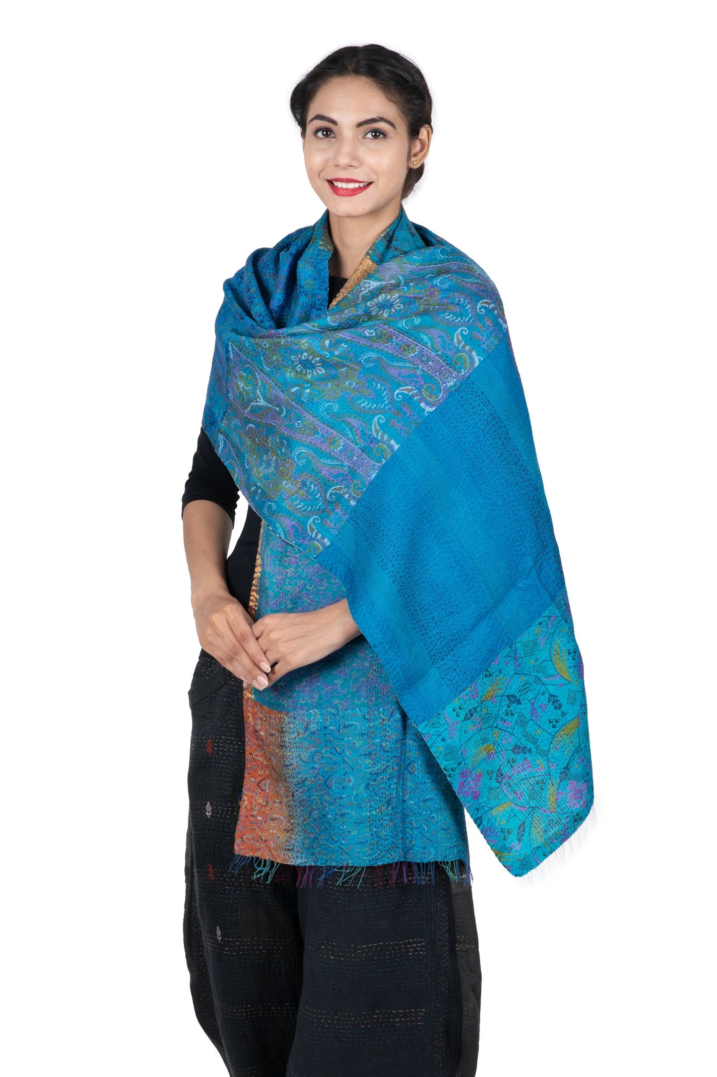 VINTAGE SILK KANTHA SCARF STANDARD - sv2801-blu -