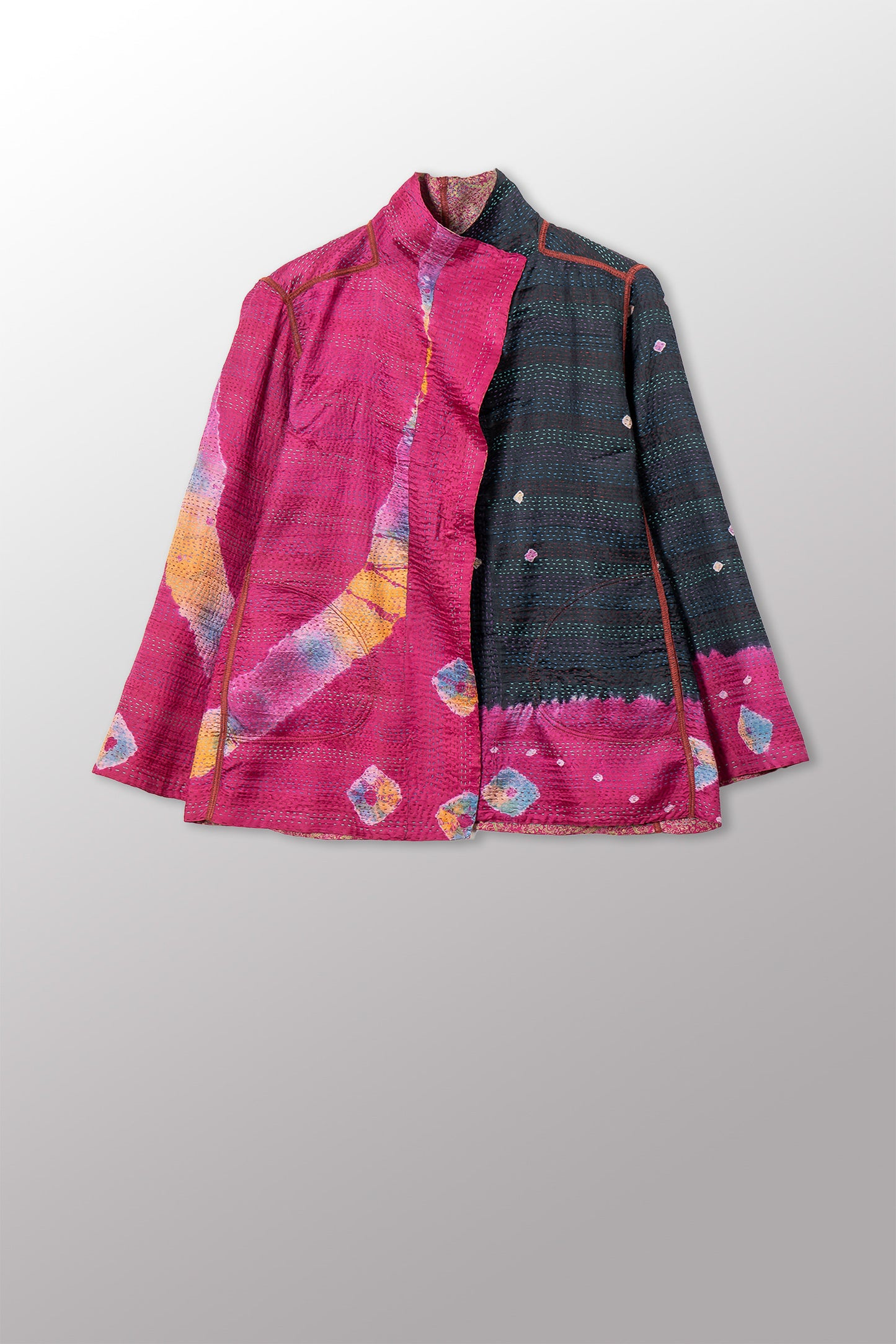 VINTAGE SILK GEORGETTE KANTHA SHORT JACKET - sg2007-0006m -