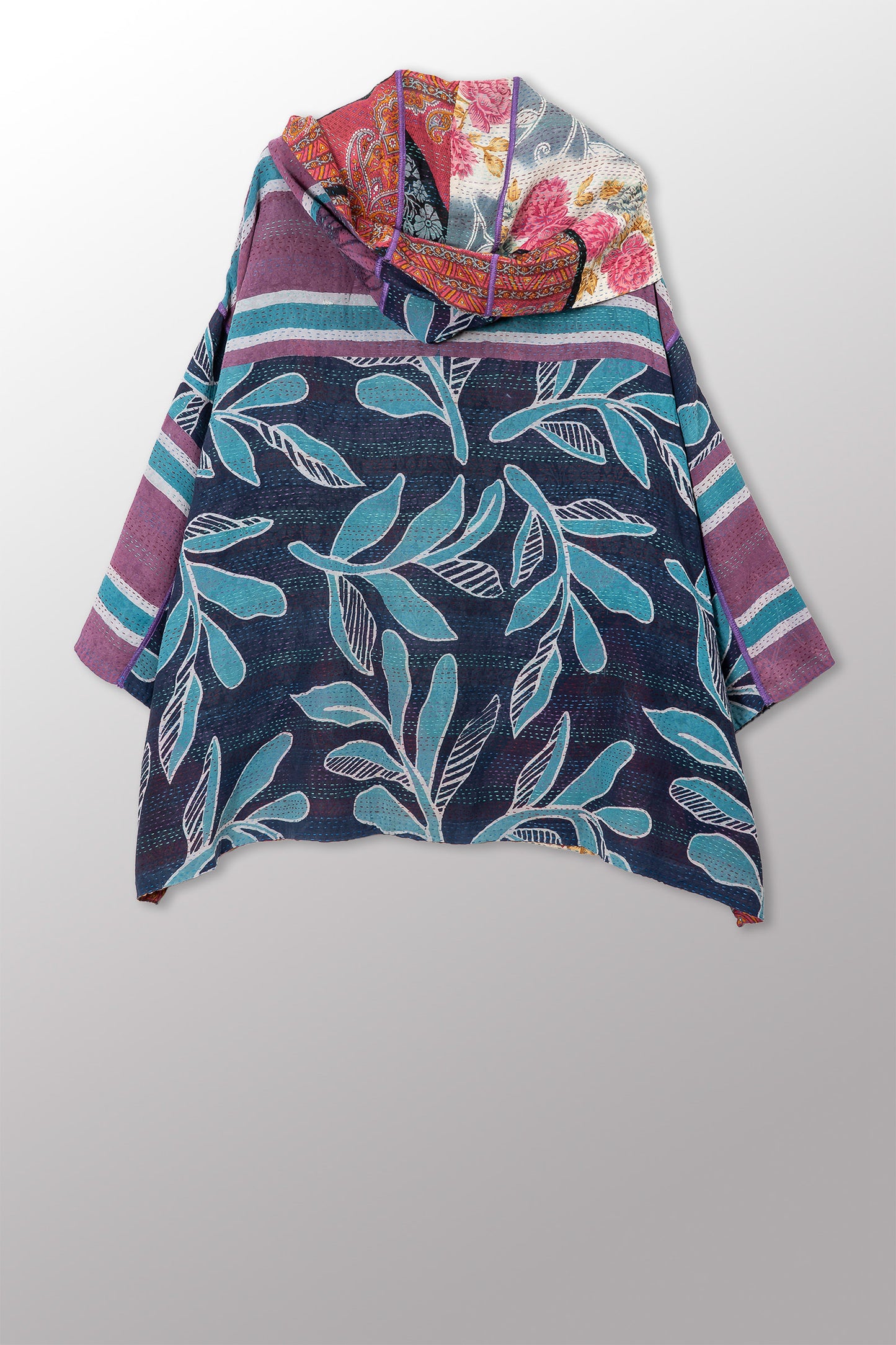 VINTAGE SILK GEORGETTE COTTON KANTHA HOODIE PONCHO - gc2064-0003a -