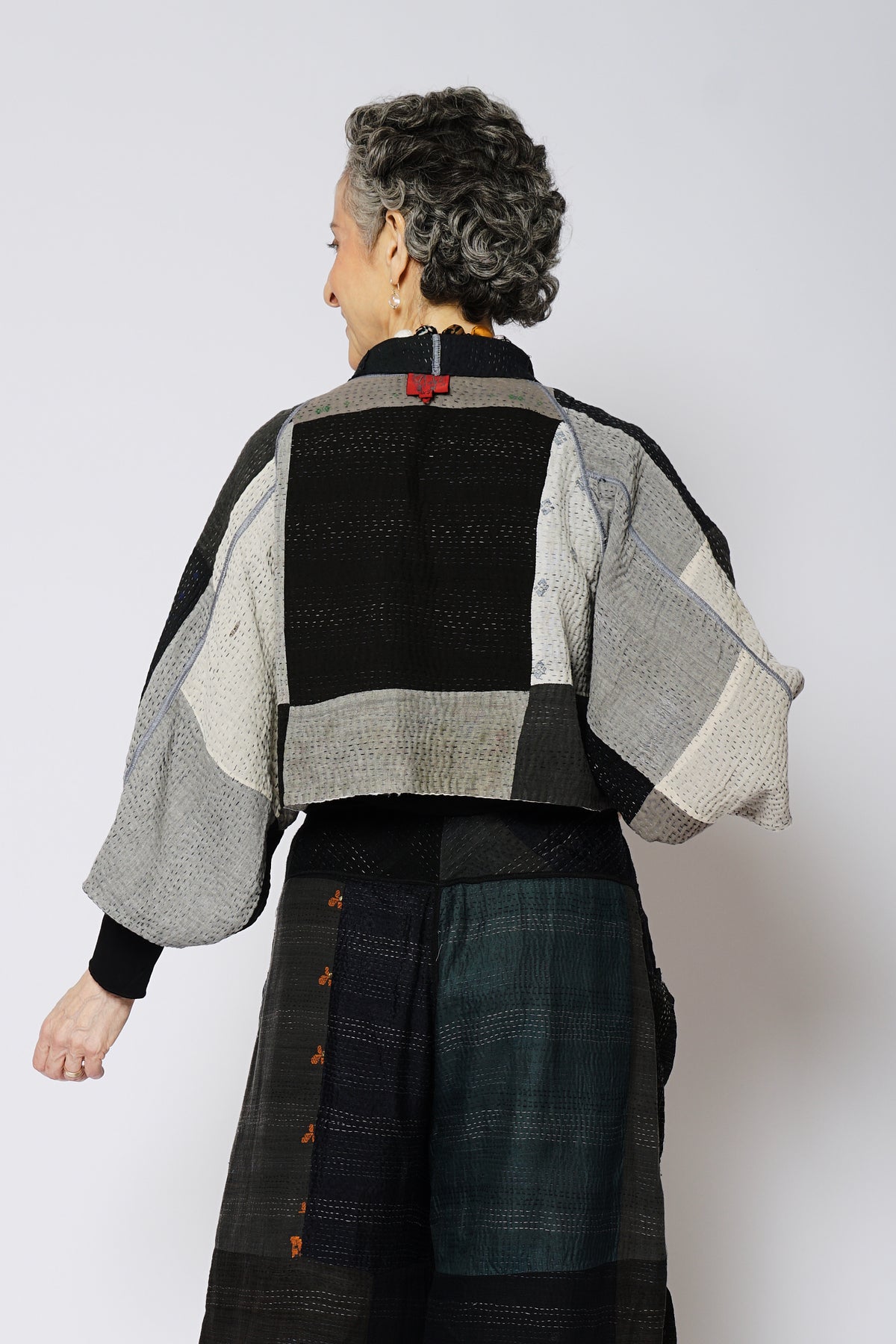 STRIPE AND CHECK COTTON SILK PATCH KANTHA PUFF SLV. SHRUG - ss4062-blk -