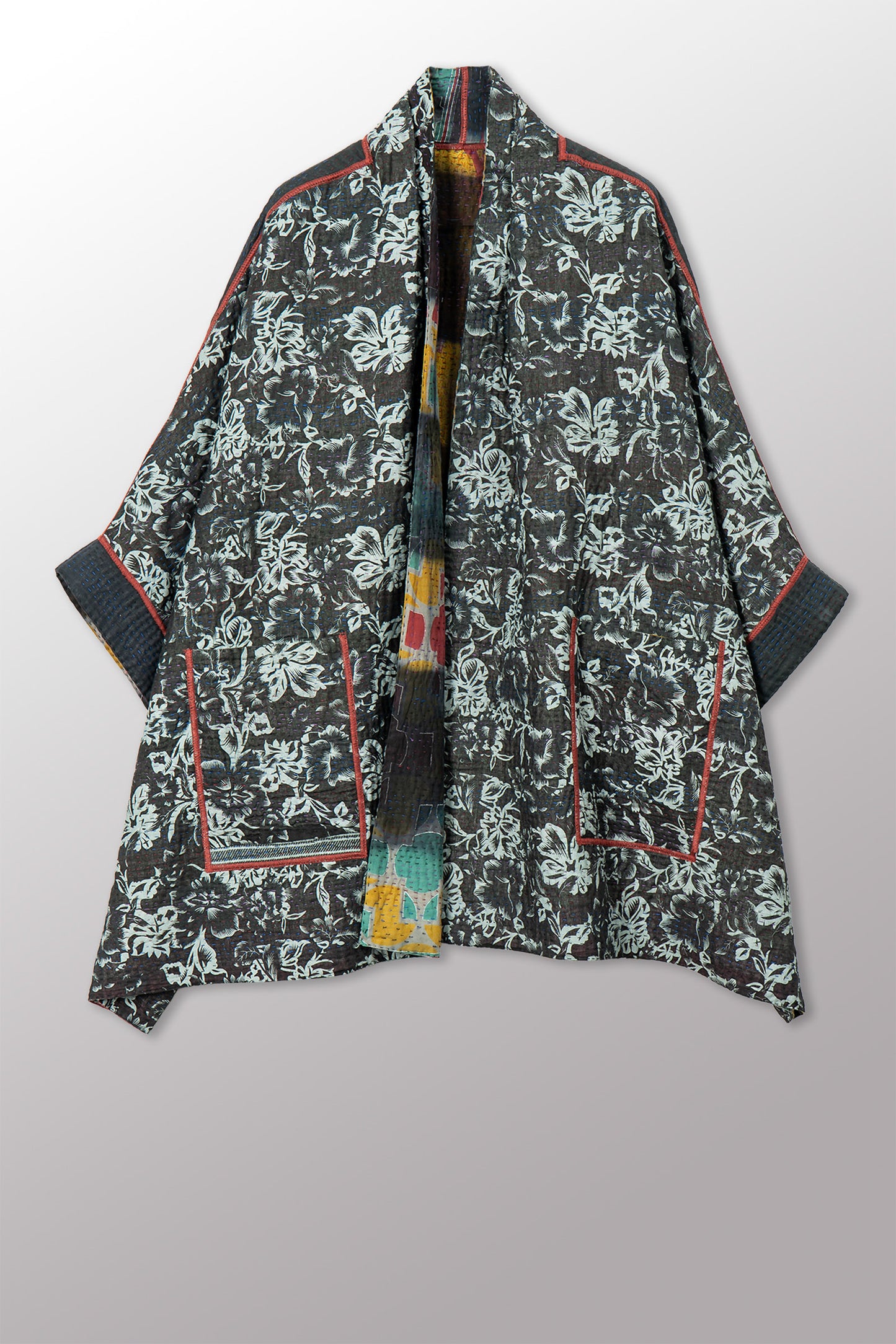 VINTAGE COTTON GREY CLAMP TIE DYE KANTHA DOUBLE COLLAR PONCHO - su4323-0001a -