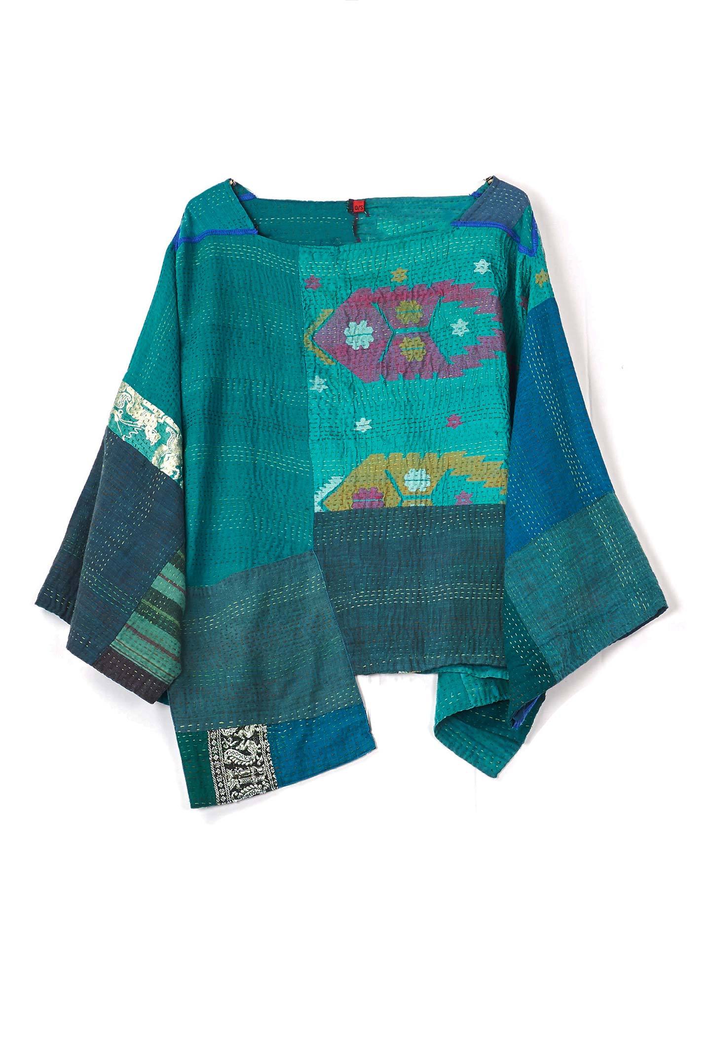 COTTON SILK SW PATCH KANTHA 3/4 SLV. CROP TOP - ws2528-tel -