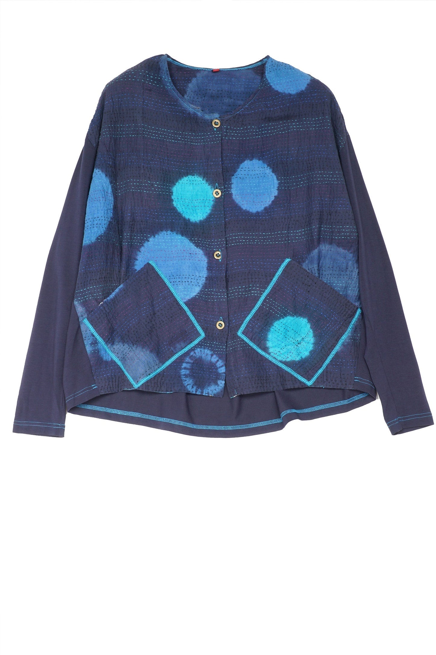 PATCH & CIRCLE PRINT KANTHA AND KNIT SHORT JKT - pc2029-blu -