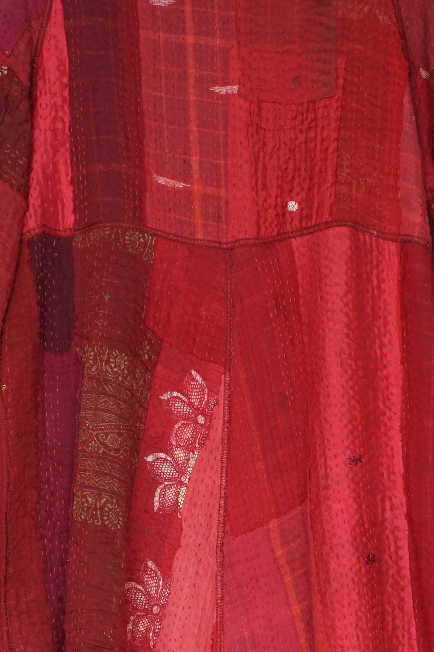 STRIPE AND CHECK COTTON SILK PATCH KANTHA 3/4 SLV. A-LINE DUSTER - ss4324-red -
