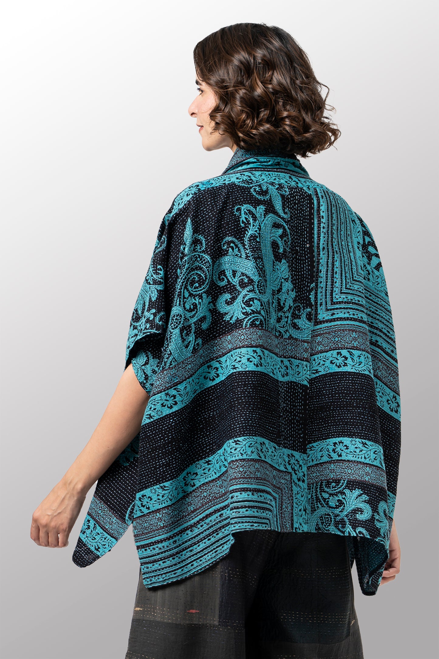 COTTON PAISLEY KANTHA PONCHO TOP - cp2568-tel -