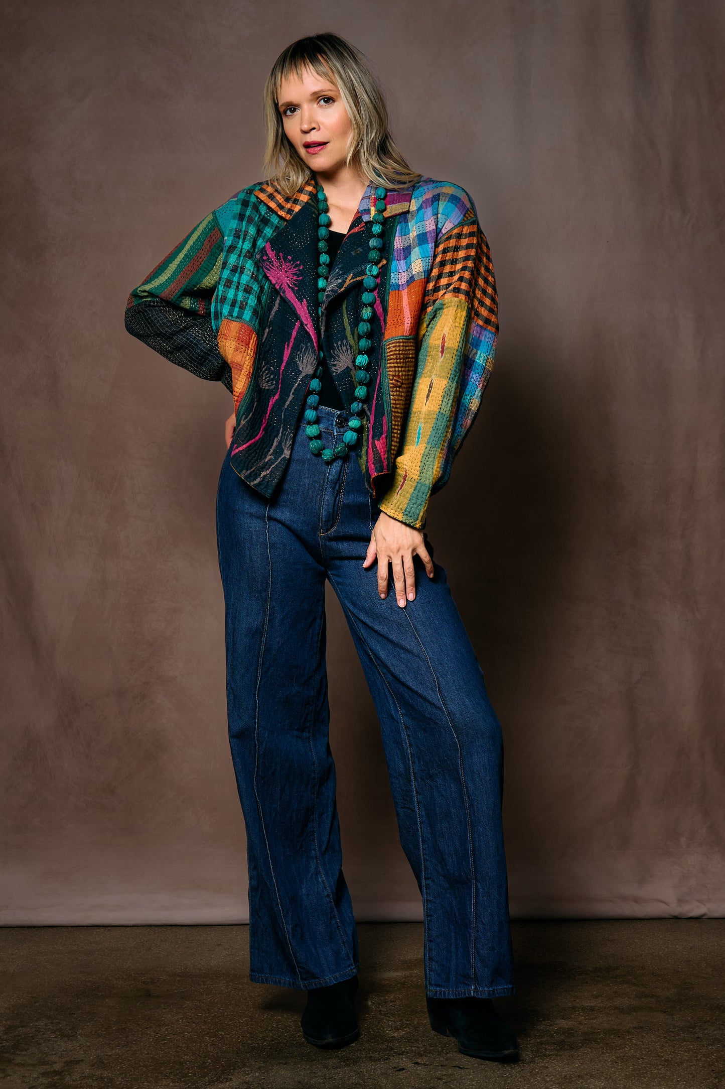 FLOWER PRINT WITH CHECKERED PATCH NEW LAPELED SHORT JACKET - fc4j101-blk -