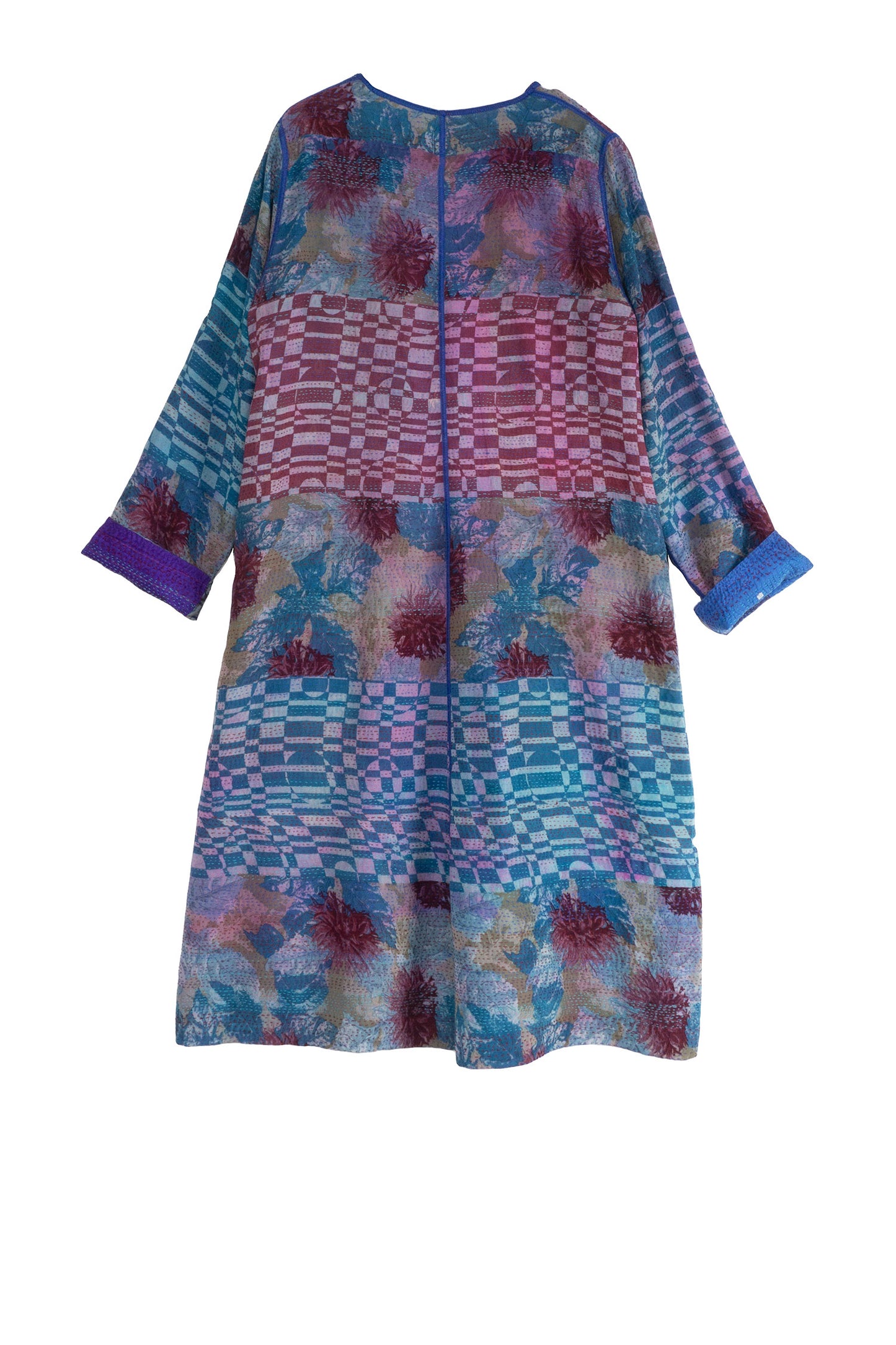 GEORGETTE VINTAGE SILK PATCH KANTHA CREW NECK COAT - gs2313-blu -
