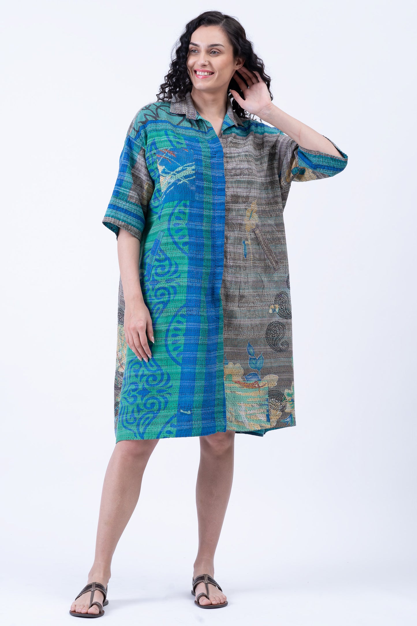COTTON OVERDYE KANTHA 3/4 SLV. SHIRT DRESS - ov2459-cblu001m -