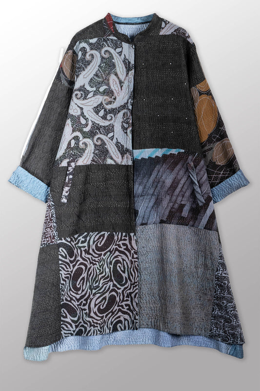 JACQUARD SILK KANTHA KAFTAN COAT - js4343-blk -