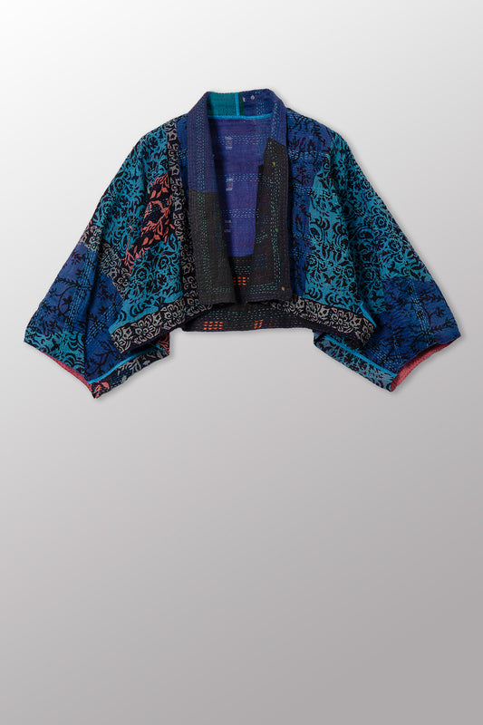 BAGH PRINT KANTHA PUFF SLV. SHRUG - bg2062-blu -
