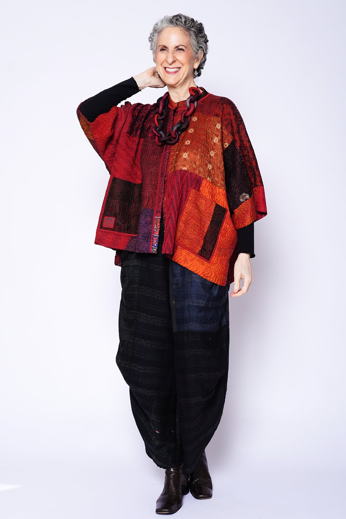JACQUARD SILK KANTHA BAND COLLAR DOLMAN TOP - js4t101-mar -