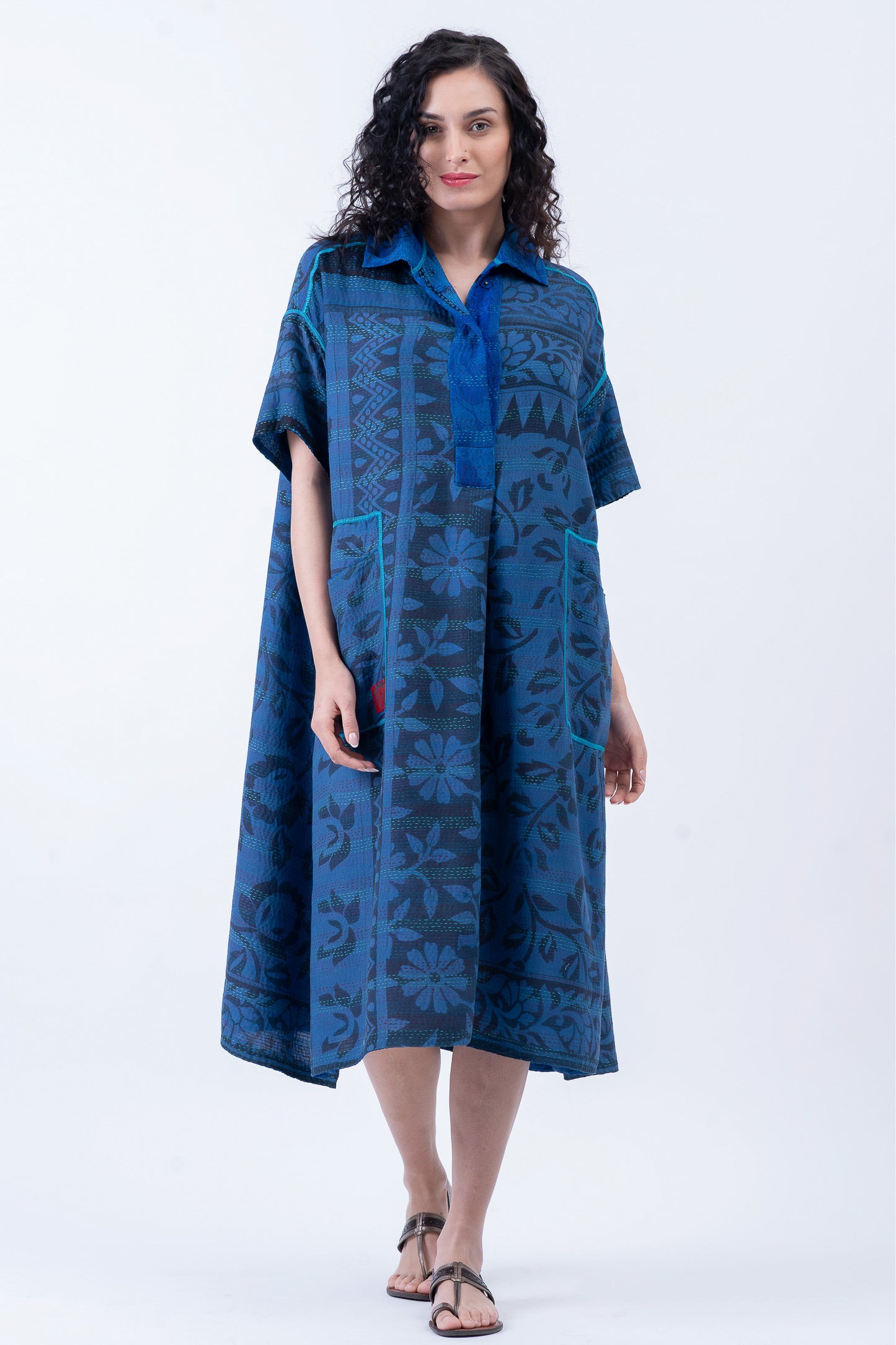 VINTAGE SILK GEORGETTE COTTON KANTHA WING COLLAR DRESS - gc2454-0001a -