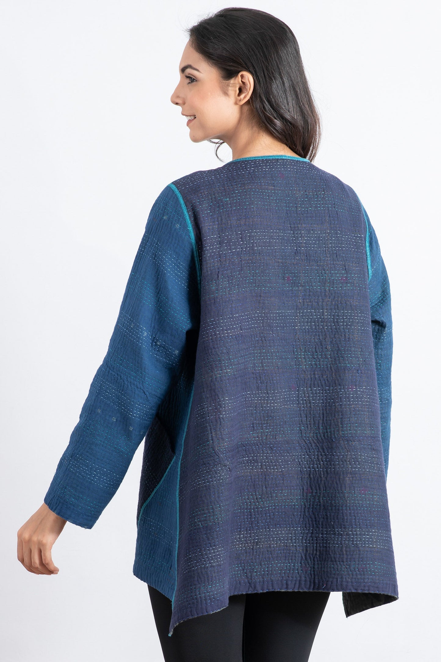 MONOTONE TWILIGHT PRINT KANTHA CREW NECK POCKET JKT - tp4025-blu -