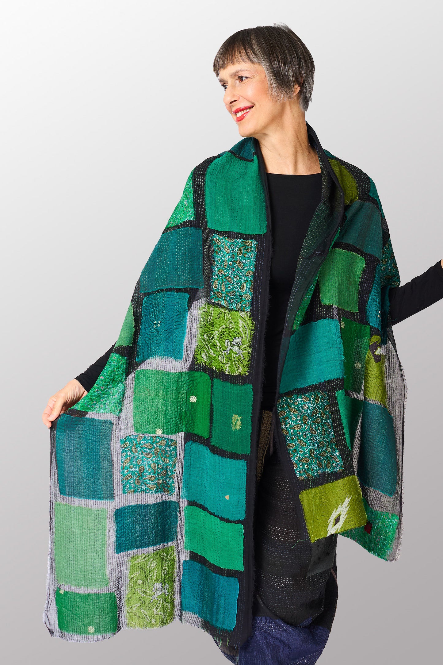 TONAL TILE PATCH KANTHA SCARF STANDARD - tt2801-ngy -