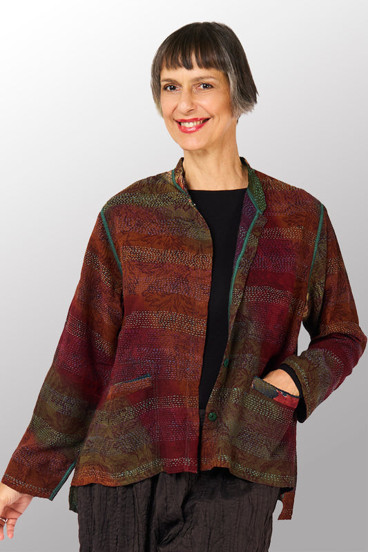 GEORGETTE JACQUARD VINTAGE SILK PATCH KANTHA KAFTAN JACKET SHORT - gj2088-0001s -