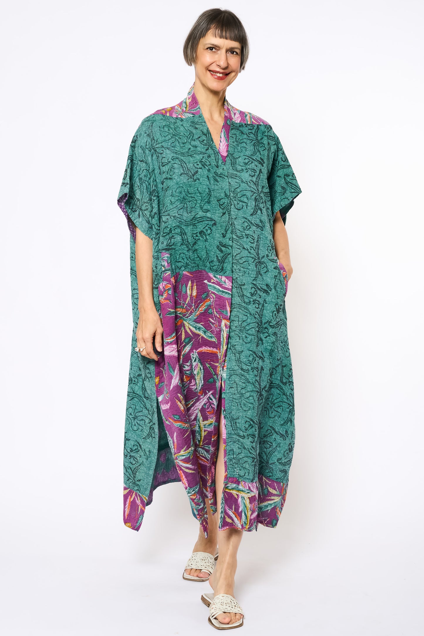 VINTAGE COTTON KANTHA PONCHO DRESS - cv2443-0001a -