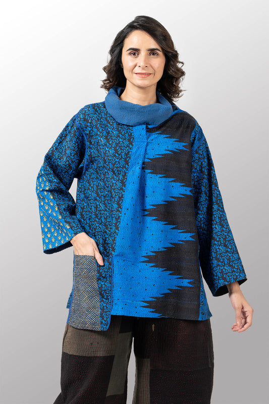 SILK COTTON OMBRE PRINT KANTHA STAND COLLAR TUNIC - os2509-blu -