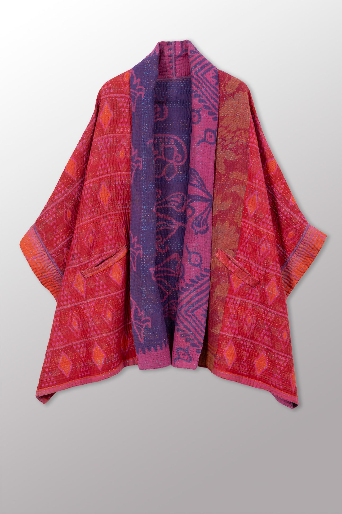 COTTON OVERDYE KANTHA DOUBLE COLLAR PONCHO - ov4323-corg002a -