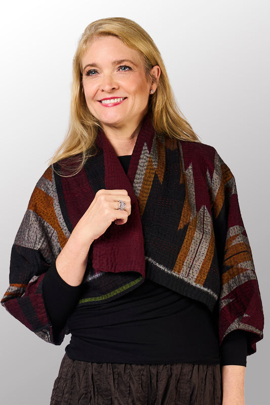 WOVEN HANDLOOM IKAT WITH OMBRE KANTHA PUFF SLV. SHRUG - wh4062-red -